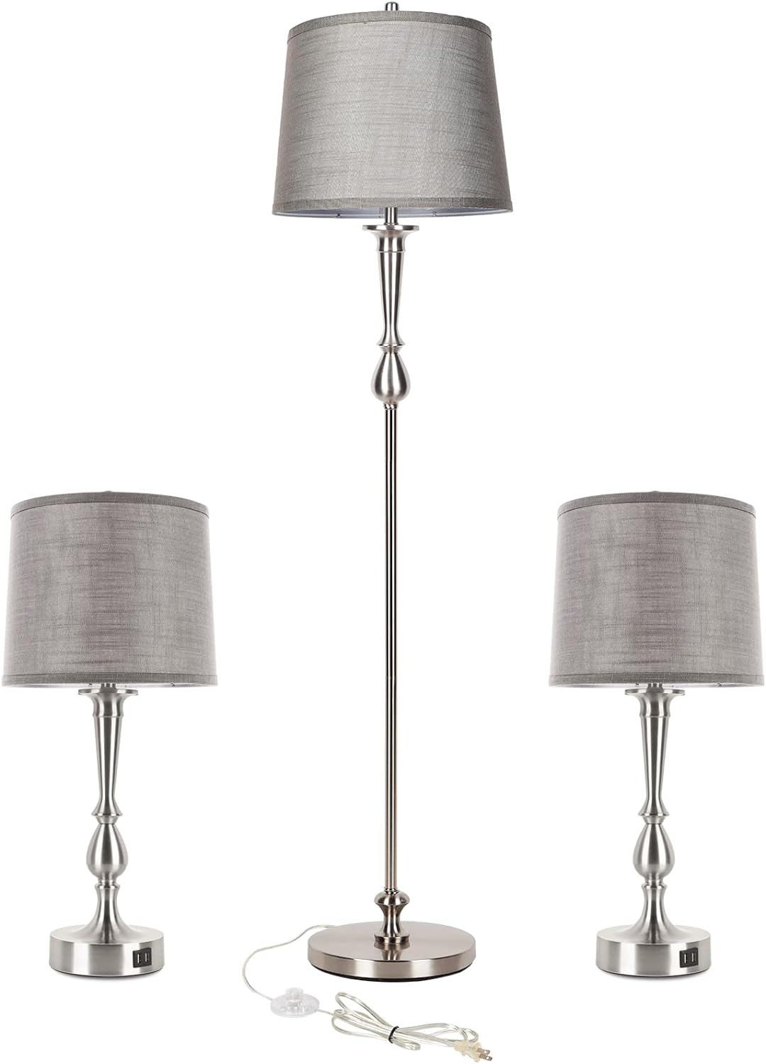 Dott Arts Lamp Set 3-Piece Modern Home Living Room Bedroom Nickle Finished Lamps, Floor Lamp and Table Lamps Set with Soft Pleated Grey Linen Shades