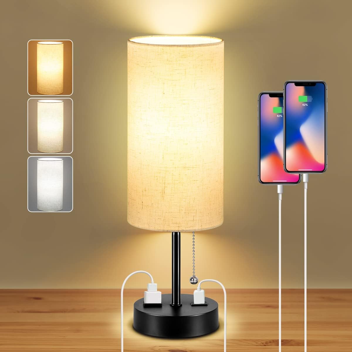 Dott Arts Table Lamp for Bedroom, 3-Color Bedside Lamps with Pull Chain, Bedroom Table Lamps for Nightstand,Small Lamp for Living Room, Bulb Included