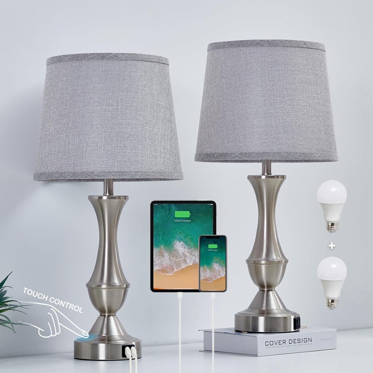 Luvkczc Touch Lamps for Bedrooms Set of 2, Bedside Lamps with Dual USB Charging Ports, 3 Way Dimmable Nightstand Lamps with Premium Linen Fabric Lampshade for Living Room, Dorm, Home Office