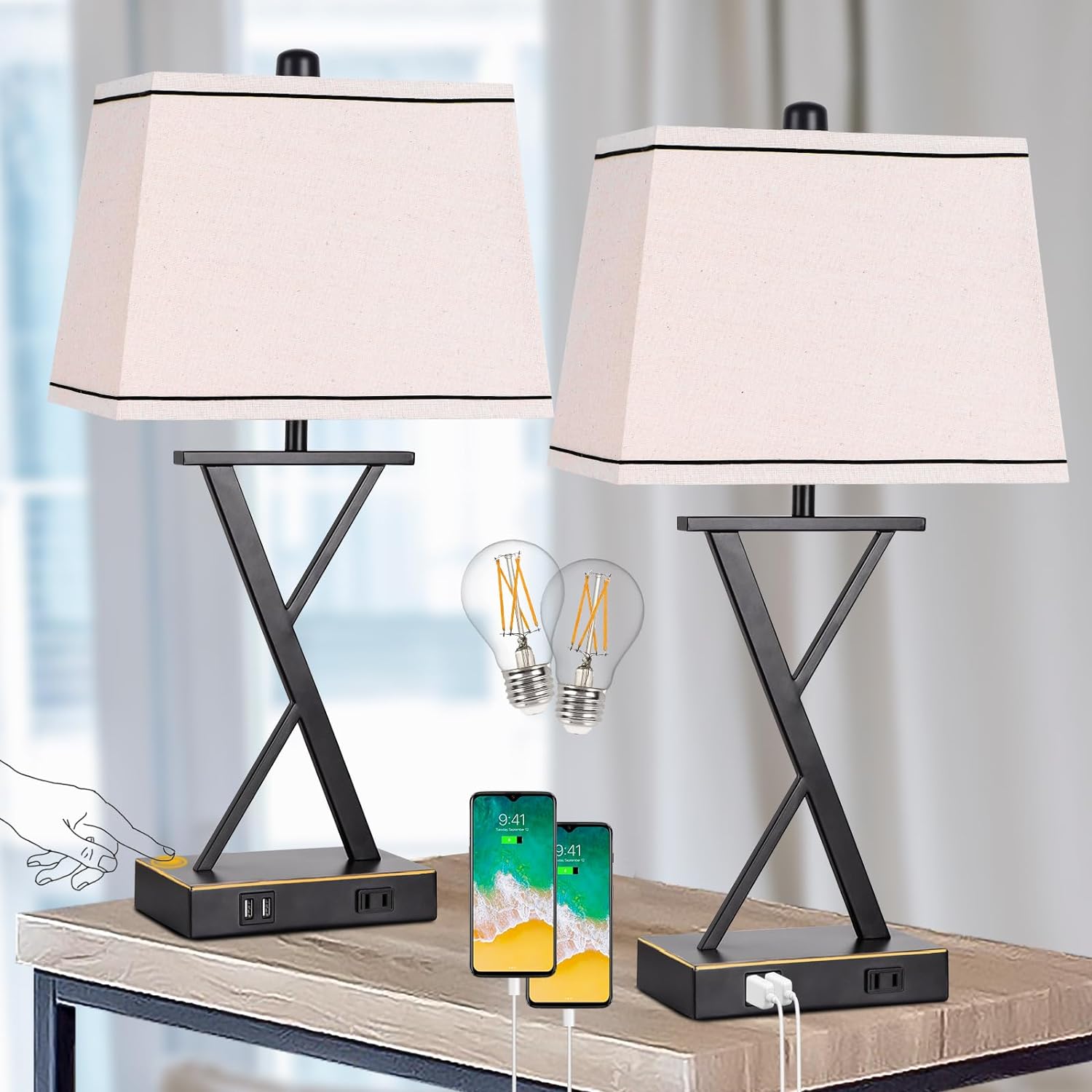 Dott Arts Set of 2 Table Lamps with 2 USB Ports & 1 AC Outlet, 3-Way Dimmable Modern Touch Control Lamps, Bedside Nightstand Lamp with Fabric Shade for Bedrooms Living Room End Tables, Bulbs Included