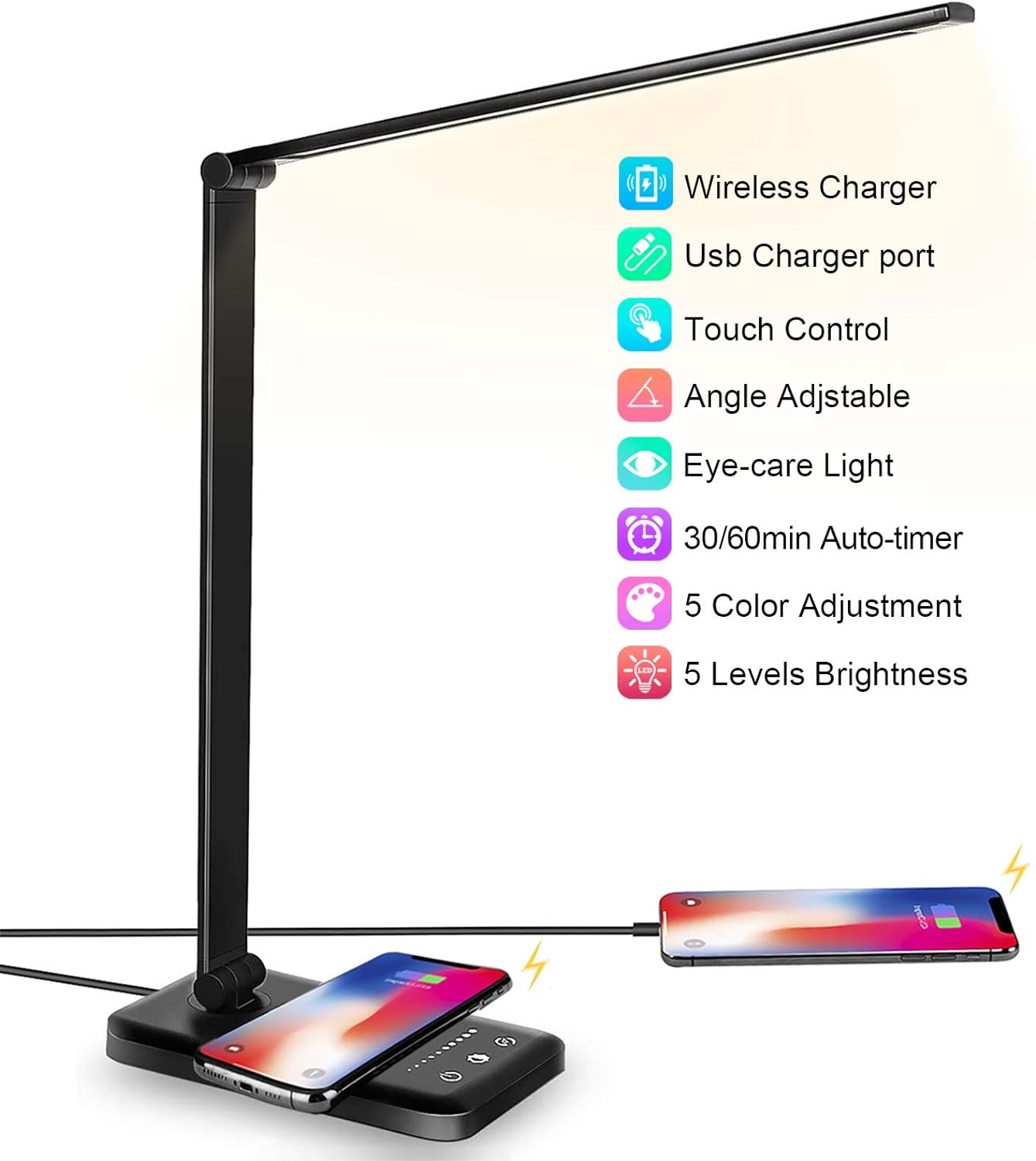 LED Desk Lamp with Wireless Charger, USB Charging Port, 10 Brightness, 5 Color Modes, Desk Lamps for Home Office, Dimmable Table Lamp Eye Caring Reading Light, Touch Control, Auto Timer, Black