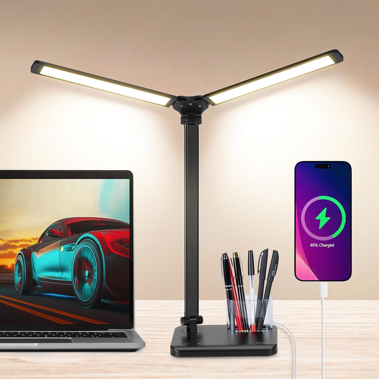 LED Desk Lamp for Home Office - Dual Swing Arm Desk Light with USB Charging Port,Eye-Caring Foldable 5 Color Modes 10 Brightness Levels Dimmable Desk Lamp for College Dorm Room (Black)