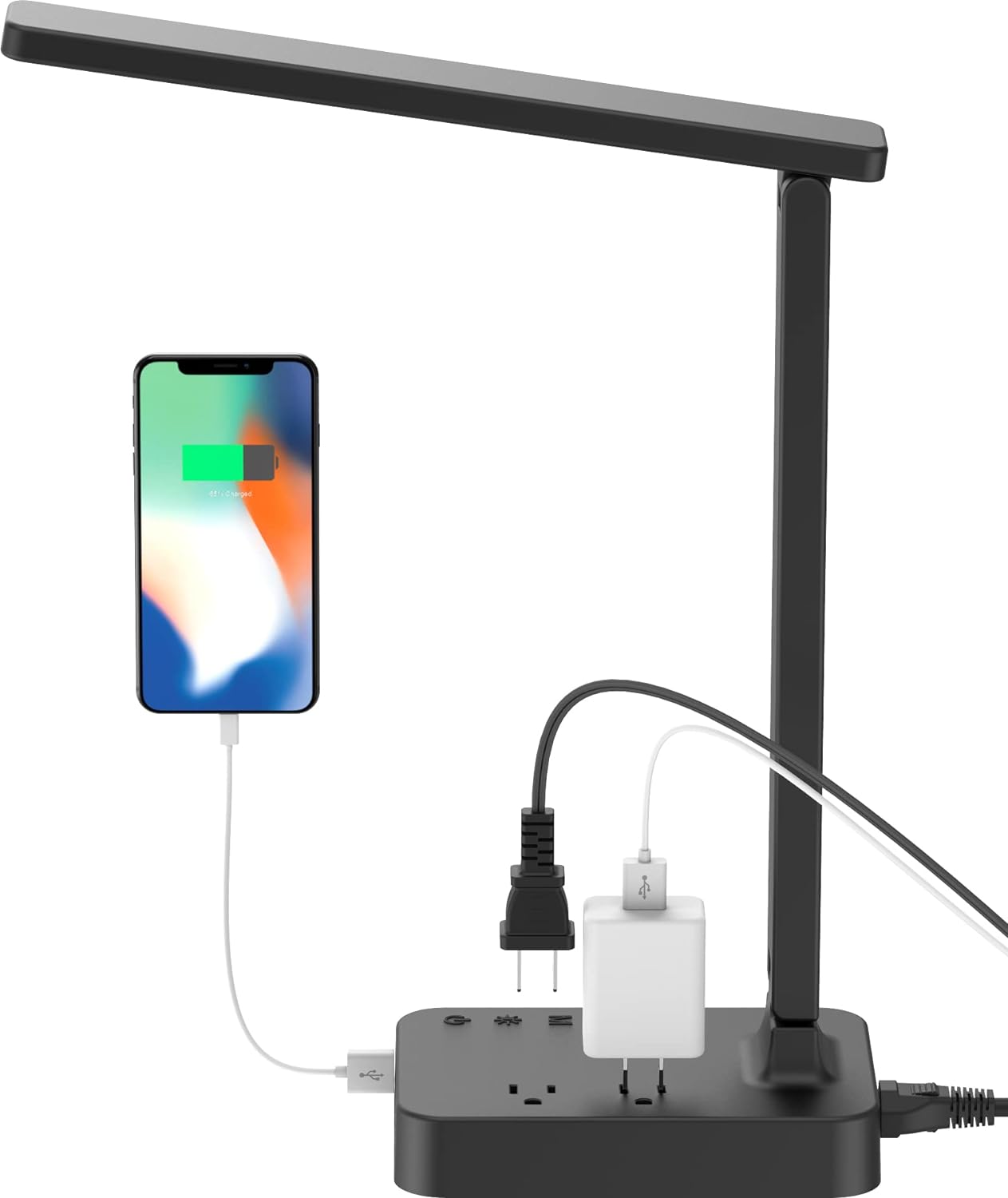 LED Desk Lamp, Desk Light with 1 USB Charging Port and 2 AC Power Outlet, 3 Lighting Modes, 3 Level Brightness,1H Timer, Touch Control, Eye-Caring Home Office Foldable Table Lamp (Black)