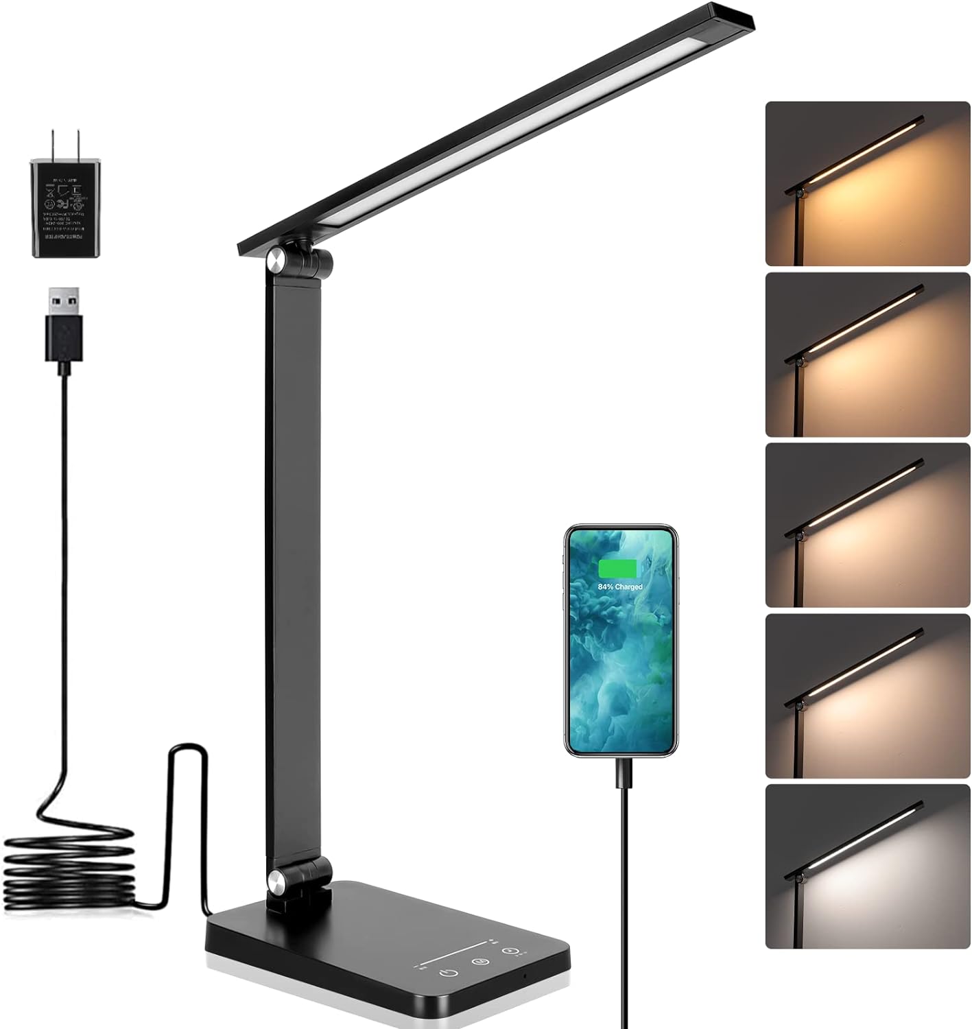 Desk Lamp, LED Desk Lamp, Desk Lamp for Home Office, 5 Color Modes Dimmable Desk Light, Desk Lamp with USB Charging Port, Office Lamp, Small Desk Lamps, Study Lamp, Reading Light, Table Lamp, Black