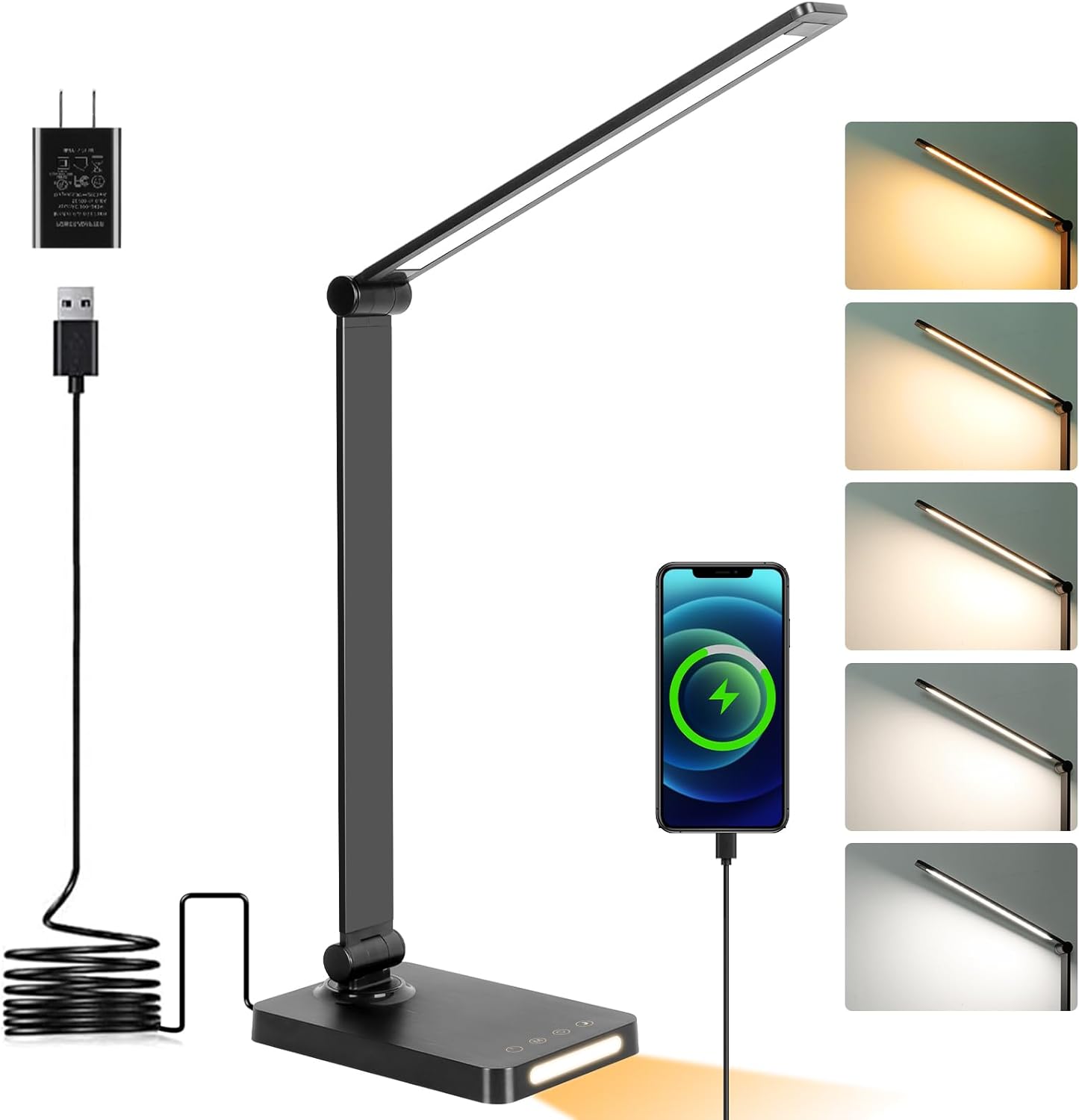 Dott Arts LED Desk Lamp with USB Ports,Touch Desk Lamps for Home Office with 5 Color Modes,3 Brightness Desk Light with Small Night Light,Reading Lamp Table LED Lamp for Bedroom Bedsid Study Black