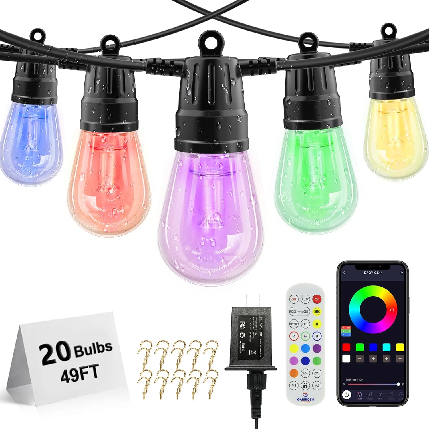 YSJ Outdoor String Lights for Outside,49FT RGB Patio Lights Outdoor Waterproof with App & Remote,DIY Each Bulb Color Changing String Light with 20 Shatterproof Bulbs Dimmable for Balcony,Cafe,Backyard