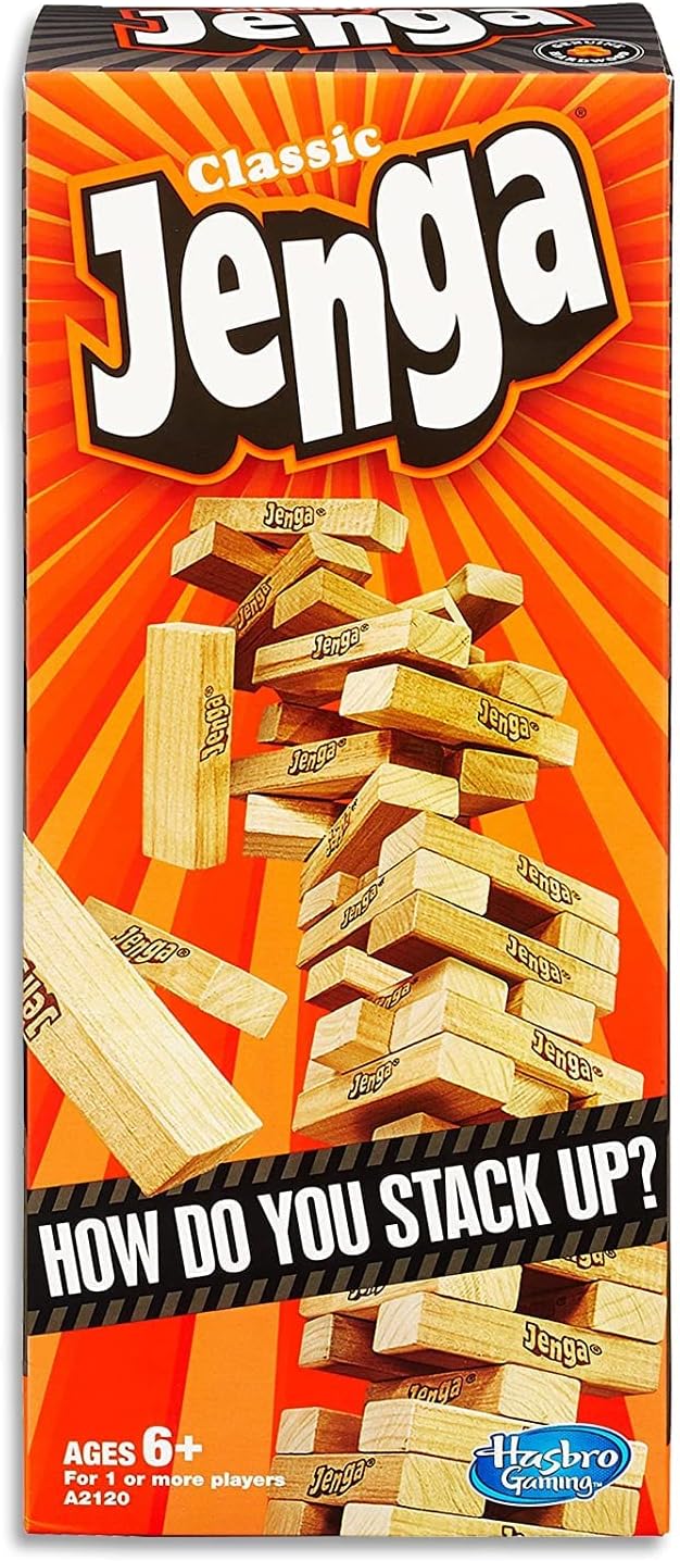 Hasbro Gaming Jenga Classic Game with Genuine Hardwood Blocks, Stacking Tower Game for 1 or More Players, Kids Easter Basket Stuffers, Ages 6 