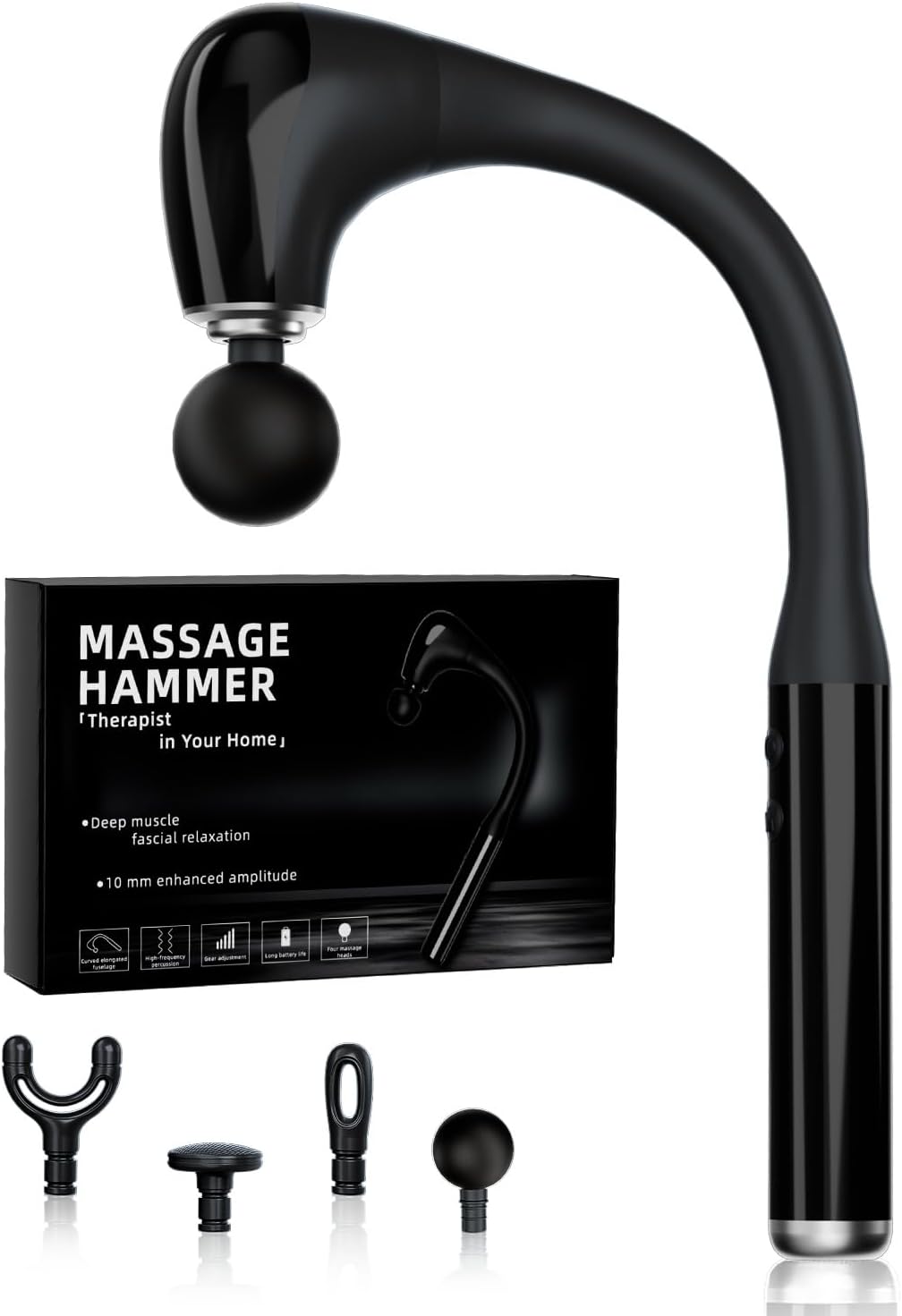 Massage Gun Deep Tissue, Muscle Massager Gun, Handheld Curved Handles Back Massage Gun with 4 Massage Heads, 5-Speed Adjustable Intensity