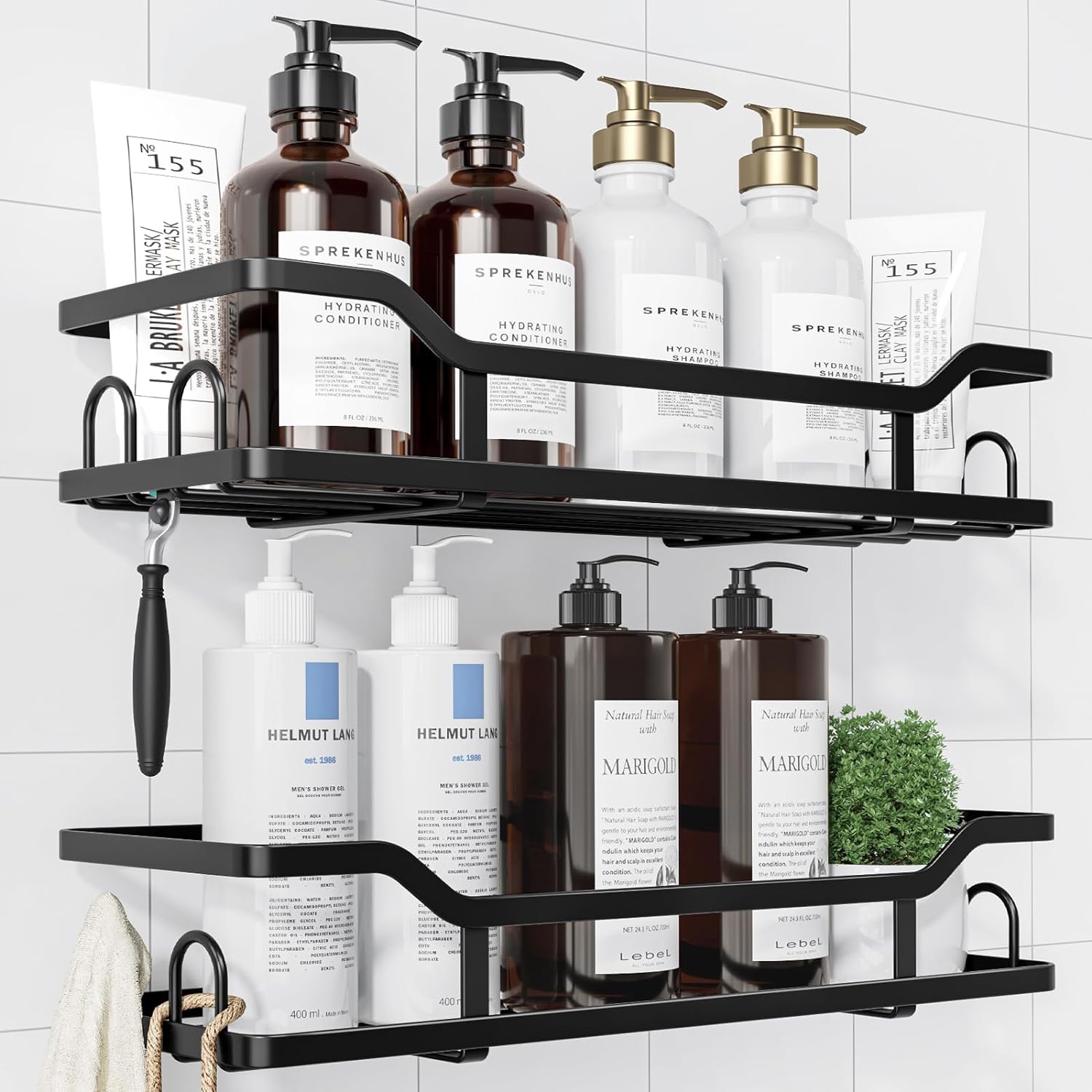 Kitsure Shower Caddy Extra Large - Adhesive Shower Organizer, Stainless Steel Shower Shelf for Inside Shower, No Drill Bathroom Organizers and Storage, Home Decor Accessories, 2 Pack, Black