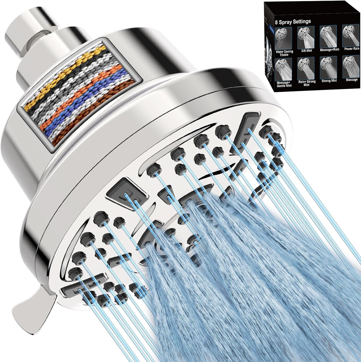 Shower Head, 5.7 Fixed High-Pressure Filtered Shower Heads, 8 Modes, 360Adjusted, Tool-Free Install, Shower Filter for Hard Water, Remove Harmful & Chlorine, Relaxed Shower (Luxury Chrome)