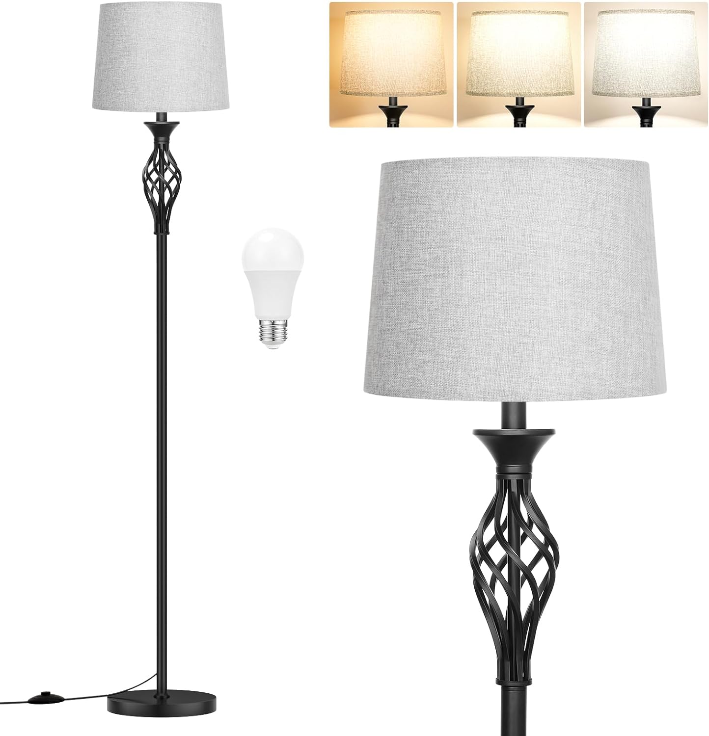 Ambimall Floor Lamps for Living Room - 3 Color Temperature Modern Standing Lamp, Farmhouse Black Floor Lamp with Gray Shade, Vintage Tall Light for Bedroom Office Corner(9W Bulb Included)