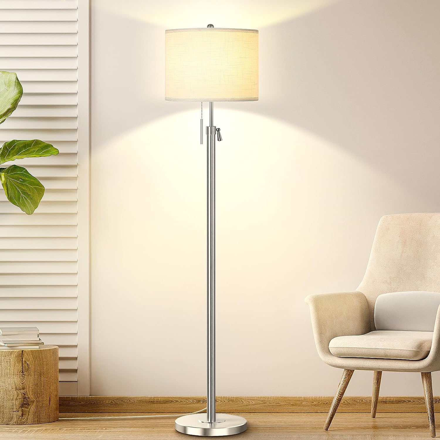 Brushed Nickel Floor Lamp for Living Room, Adjustable Height Standing Lamp with Metal Base, 3-Way Dimmable Tall Pole Light with White Linen Shade for Bedroom, Pull Chain Switch, 6W LED Bulb Included