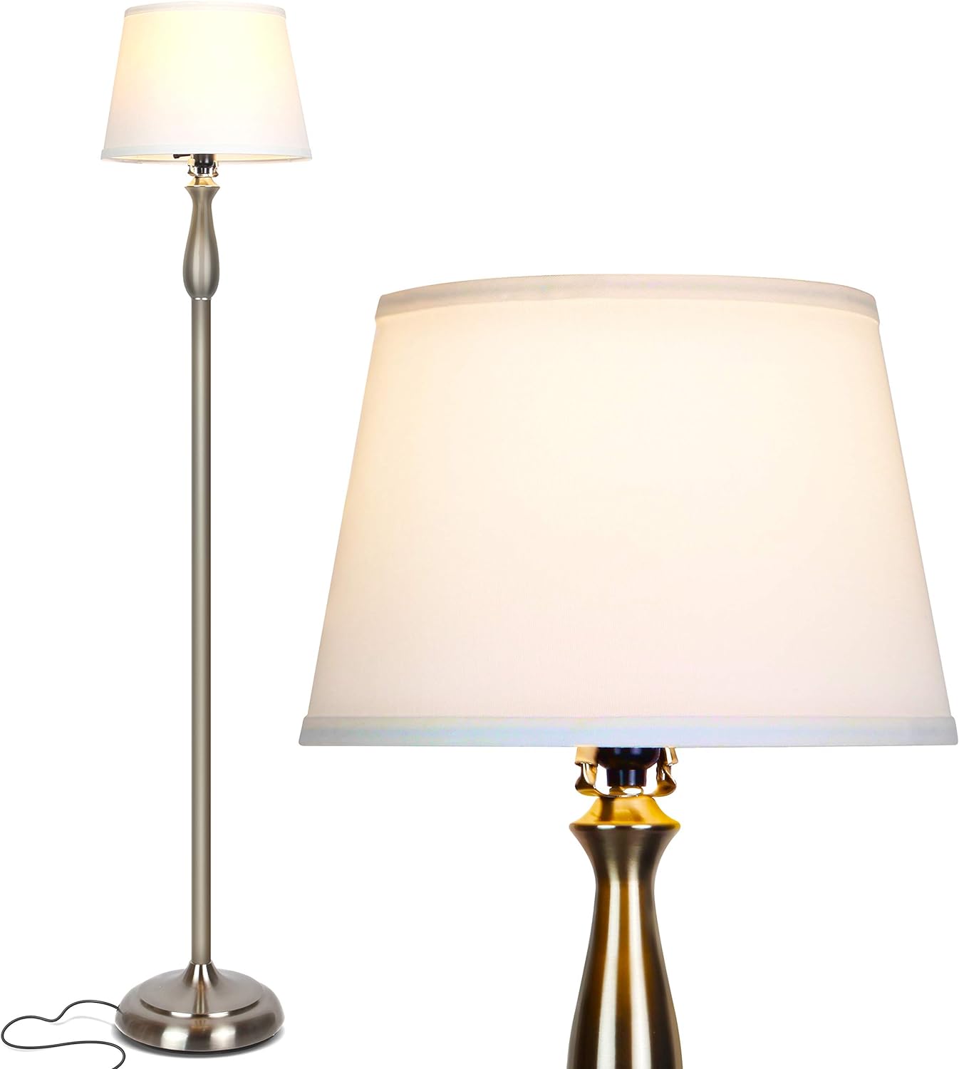 Brightech Gabriella Tall Lamp with Fabric Shade & LED Bulbs, Elegant Lamp for Living Rooms & Offices, LED Floor Lamp, Mid-Century Modern Standing Lamp for Bedroom, Great Living Room Dcor - Silver