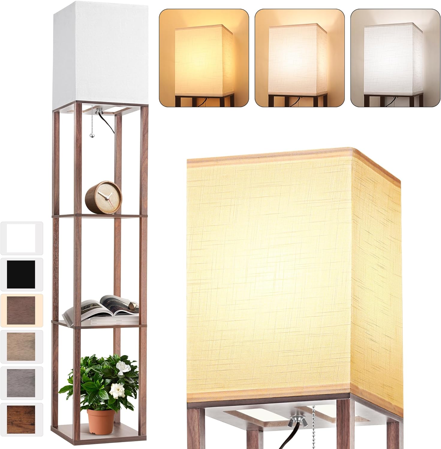 Floor Lamp with Shelves for Living Room Walnut Brown, Shelf Floor Lamp with 3 CCT LED Bulb, Corner Display Standing Column Lamp Etagere Organizer Tower Nightstand with White Linen Shade for Bedroom