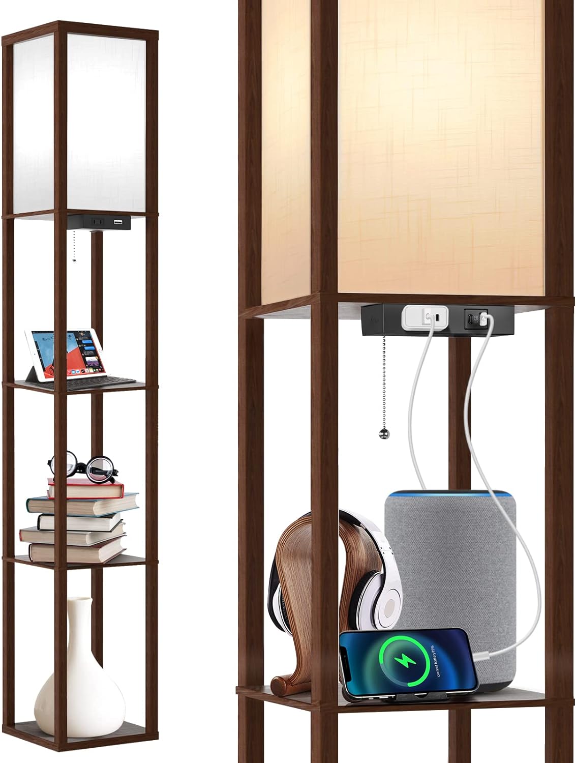 OUTON Floor Lamp with Shelves, LED Shelf Floor Lamp with 1 USB & 1 Type C Ports, 1 AC Outlet, 3 Color Temperature, Storage Display Wood Column Tall Standing Lamp for Living Room, Bedroom Office,Walnut