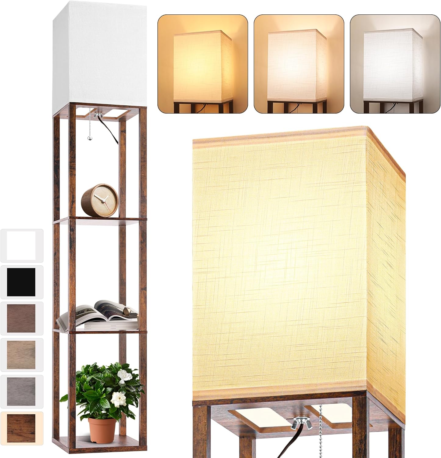 Floor Lamp with Shelves for Living Room Brown, Shelf Floor Lamp with 3 CCT LED Bulb, Corner Display Standing Column Lamp Etagere Organizer Tower Nightstand with White Linen Shade for Bedroom