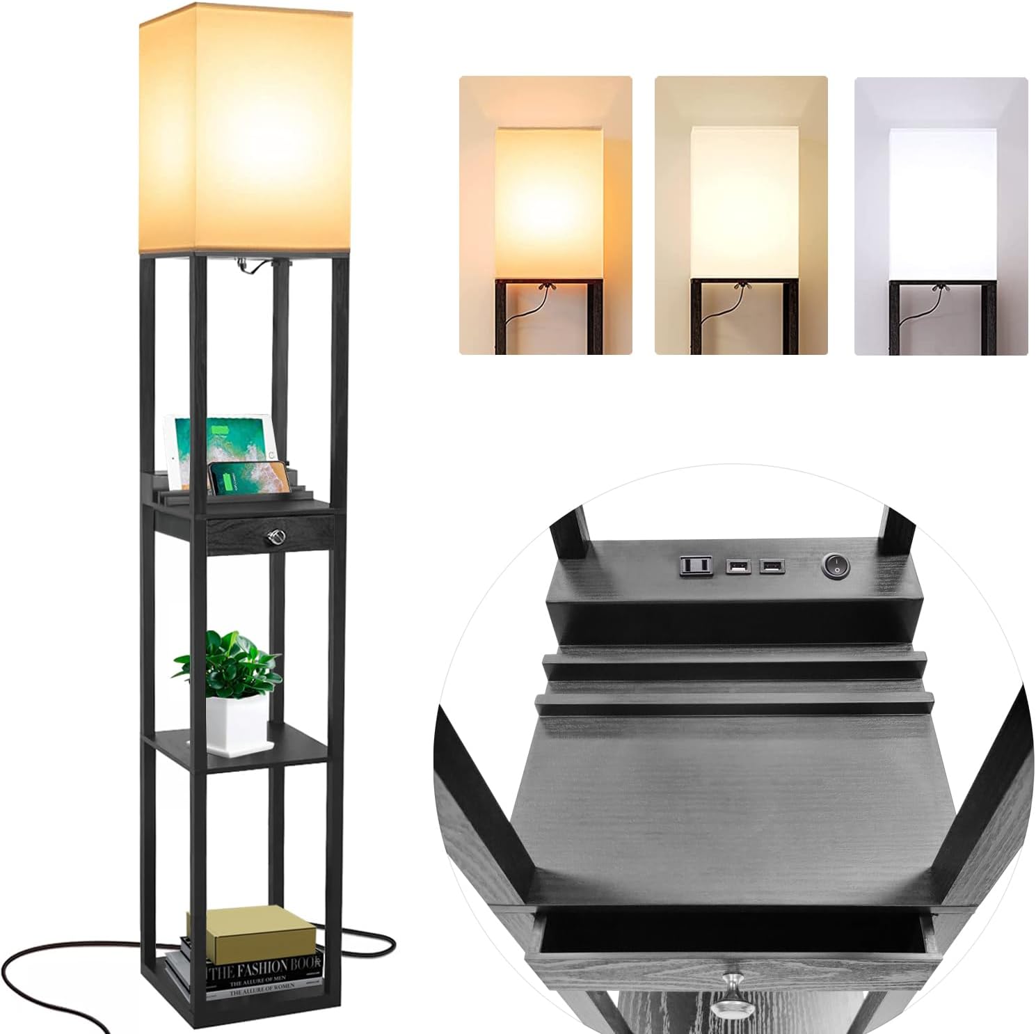 Shelf Floor Lamps for Living Room,Tall Standing Lamp with Shelves and Drawer,2 USB Charging Ports & Power Outlet,Bright 3CCT LED Bulb Included - Black