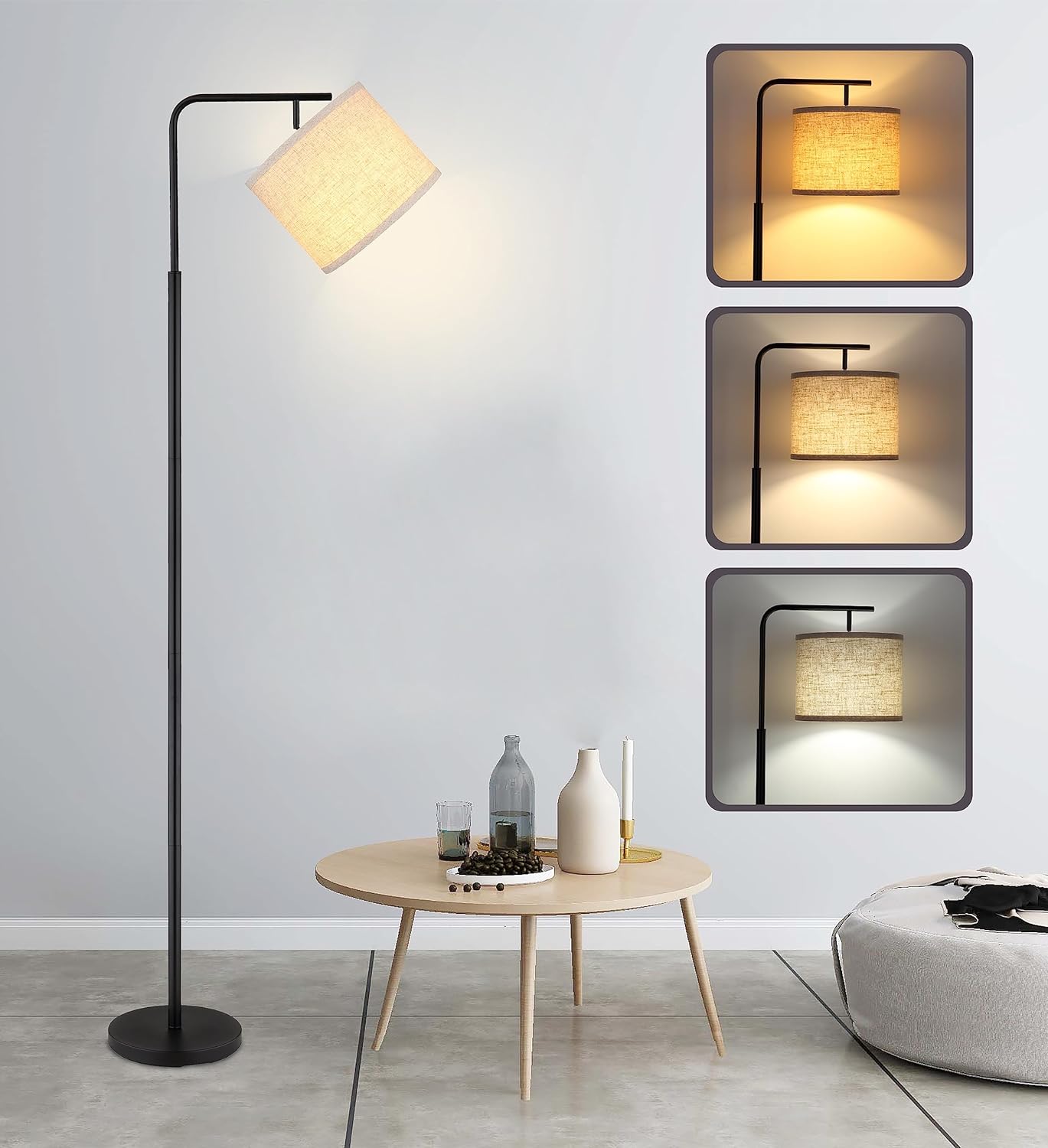 Floor Lamp for Living Room with 3 Color Temperatures,Modern Standing Lamp with Adjusted Linen Shade,Black Tall Industrial Lamps for Bedroom Office 9W LED Bulb Included.Classic Arc Floor Lamp