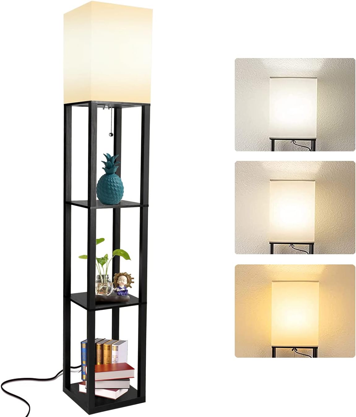 Floor Lamp with Shelves, Modern Standing Shelf Lamp with 3 CCT LED Bulb and White Shade for Living Room Bedroom and Office-Black