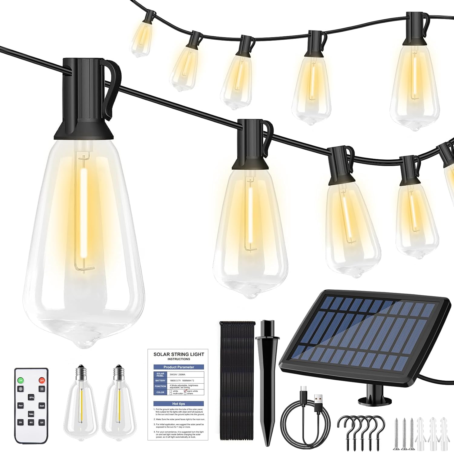 50FT Solar String Outdoor Lights with 4 Modes, Solar Powered Patio Light for Outside, 17+2 ST38 Bulbs, Remote & USB Port, IP65 Waterproof Hanging Lighting for Porch, Yard, Garden, Balcony (Warm White)