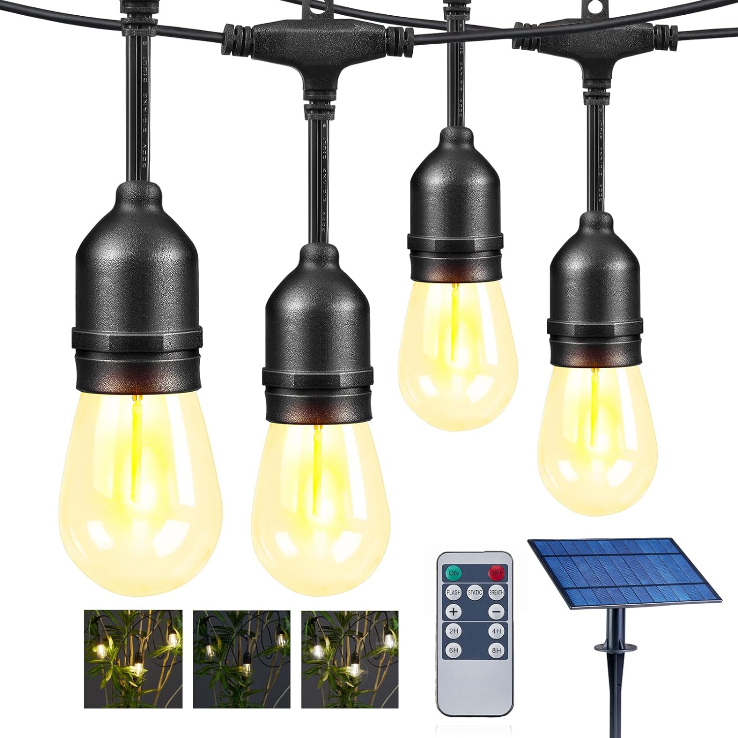 Outdoor Solar String Lights, Patio String Lights with Bright 2W Shatterproof LED Bulbs for Patio, Backyard, Party, Porch, Bistro, Cafe Bar, Garden (Solar, 96 FT)