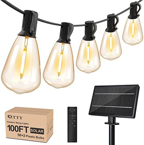 Solar String Lights Outdoor Waterproof 100ft with Remote and 52 Edison Bulb,Dimmable&Shatterproof,ST38 Solar Powered String Lights for Outside,Patio,Porch