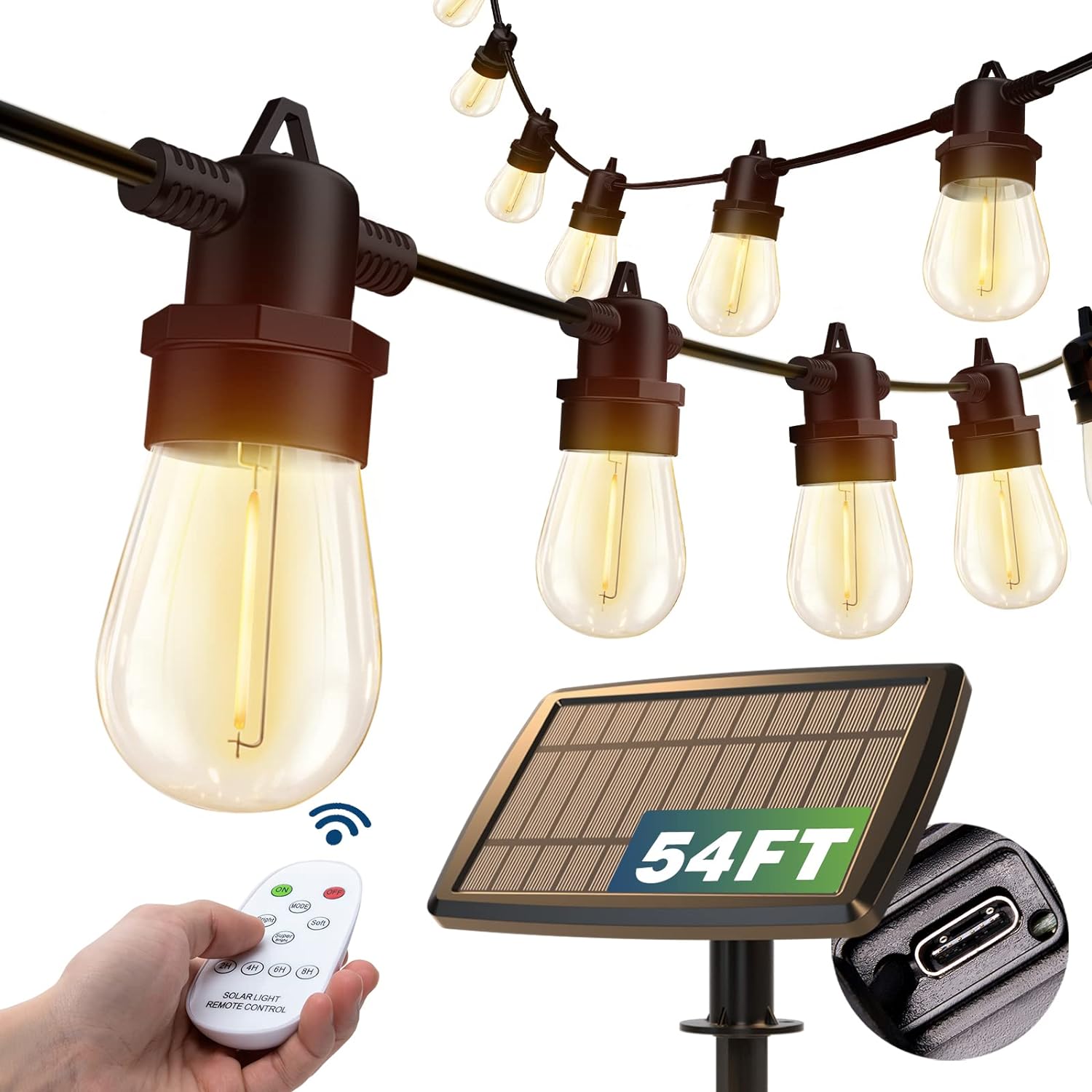 addlon 54(48+6) FT Solar String Lights Outdoor Waterproof with USB Port & Remote Control Solar Patio Lights Last for 20+Hrs Dimmable Solar Power LED 25 Bulbs Hanging for Porch Garden Market Bistro