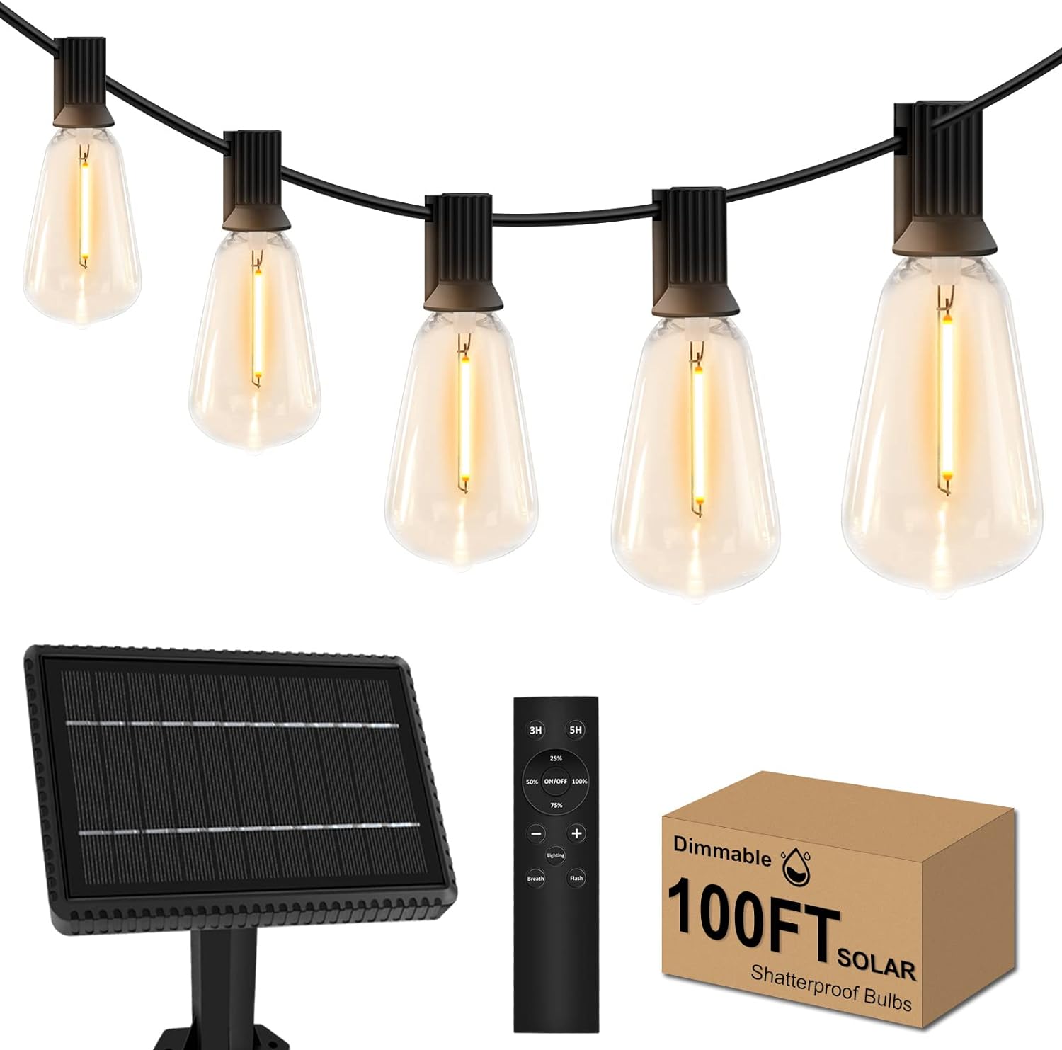 100ft Solar Outdoor String Lights with Remote - USB Rechargeable Solar Powered Outdoor Patio Lights, Larger 3.5W Solar Panel , Timer, Dimmable Shatterproof ST38 Bulbs for Backyard, Porch, Garden, Pool