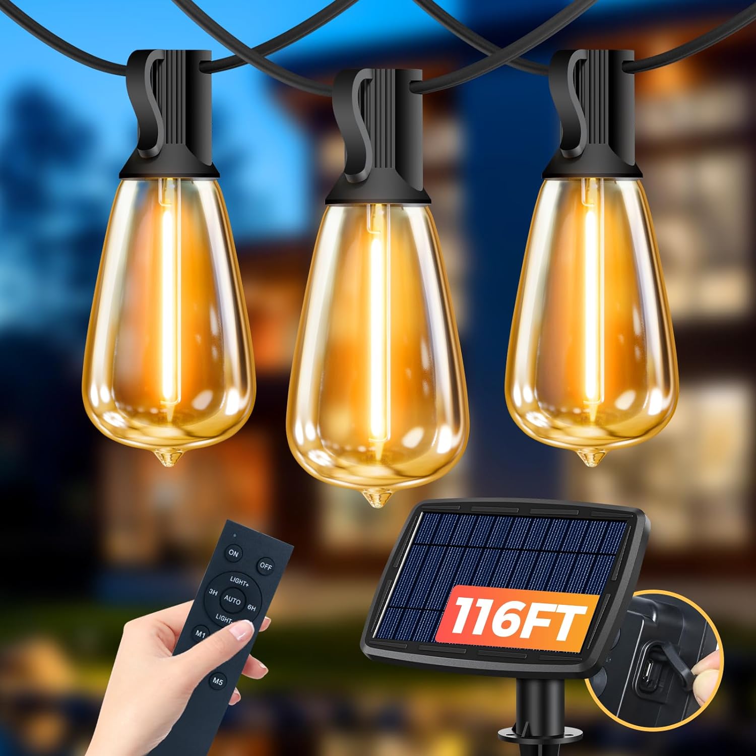 116FT Solar String Lights Outdoor Waterproof with Remote and USB Port, 53 Edison Bulb Outdoor String Lights Solar Powered, Dimmable Solar String Lights for Outside Patio Backyard Garden Porch Balcony