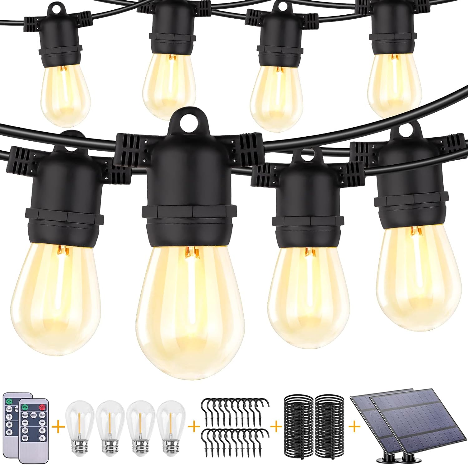 Dott Arts 192FT (2X96FT) Solar Outdoor String Lights Waterproof with Dimmable Remote Control, Patio LED String Lights with 64 Plastic Bulbs Outdoor String Lights for Backyard Garden Wedding Party