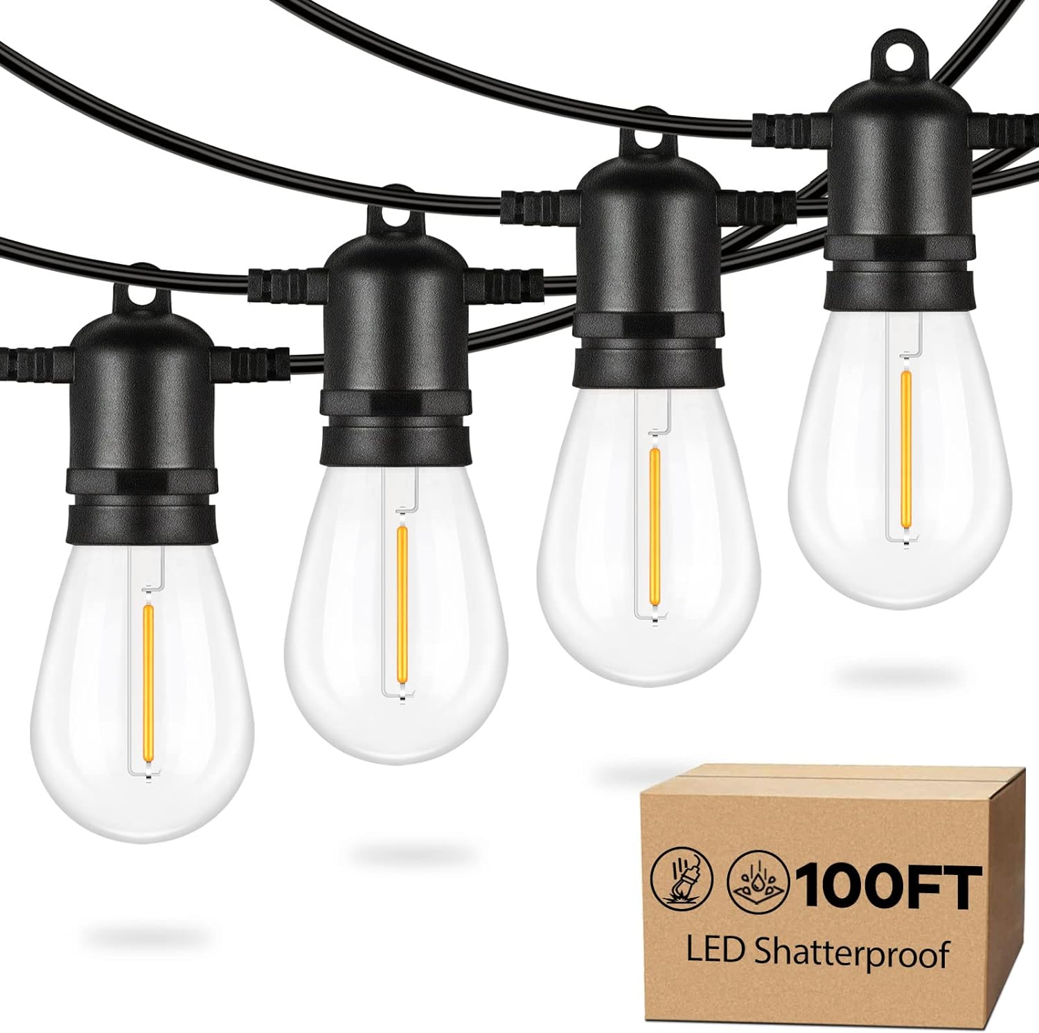 Brightever LED Outdoor String Lights, 100FT Waterproof Heavy Duty Outside Lights for Patio with 32 Shatterproof Dimmable S14 Edison Bulbs, Warm White Outdoor Lighting for House, Backyard, Garden