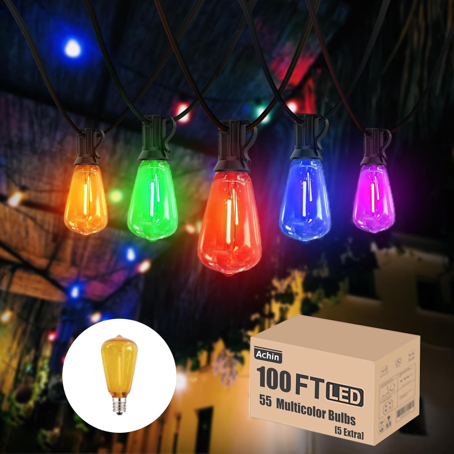 Colored Outdoor String Lights 100Ft LED Multicolor Patio Lights with 55pcs ST38 Colorful Shatterproof Bulbs Rainbow String Lights for Bistro Christmas