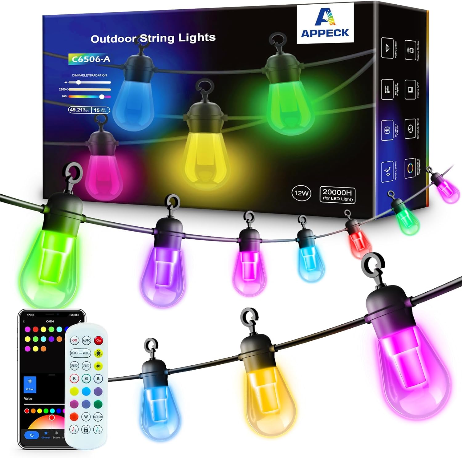 Outdoor String Lights 50FT, RGBW Smart Patio Lights with 54 Scene Modes, Christmas String Lights with 15 Dimmable LED Bulbs, Color Changing Hanging Lights for Party, Backyard Decor