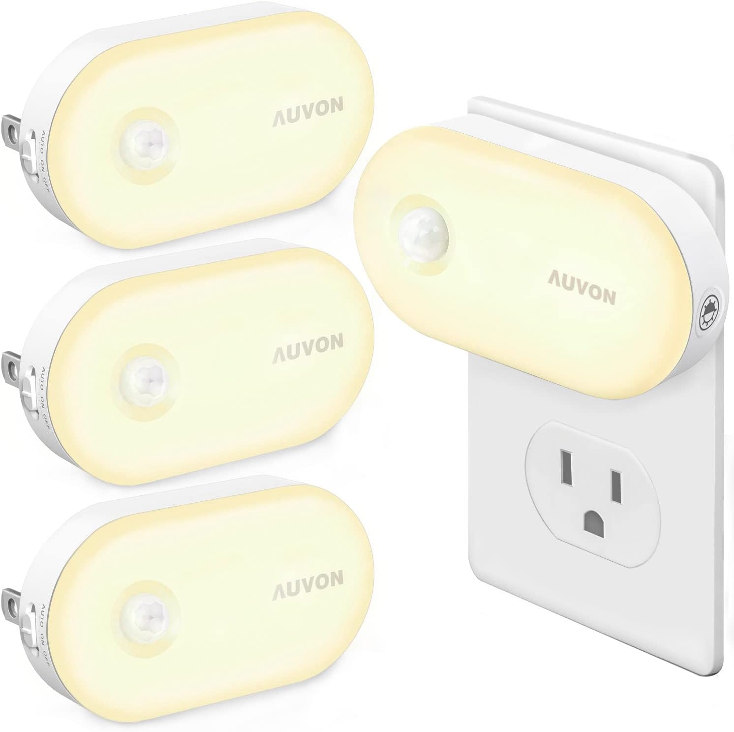 AUVON Night Light Plug in with Motion Sensor (120 Lumens), Dimmable Smart LED Night Lights, 1-120lm Brightness, for Bathroom, Hallway, Garage, Toilet (4 Pack)