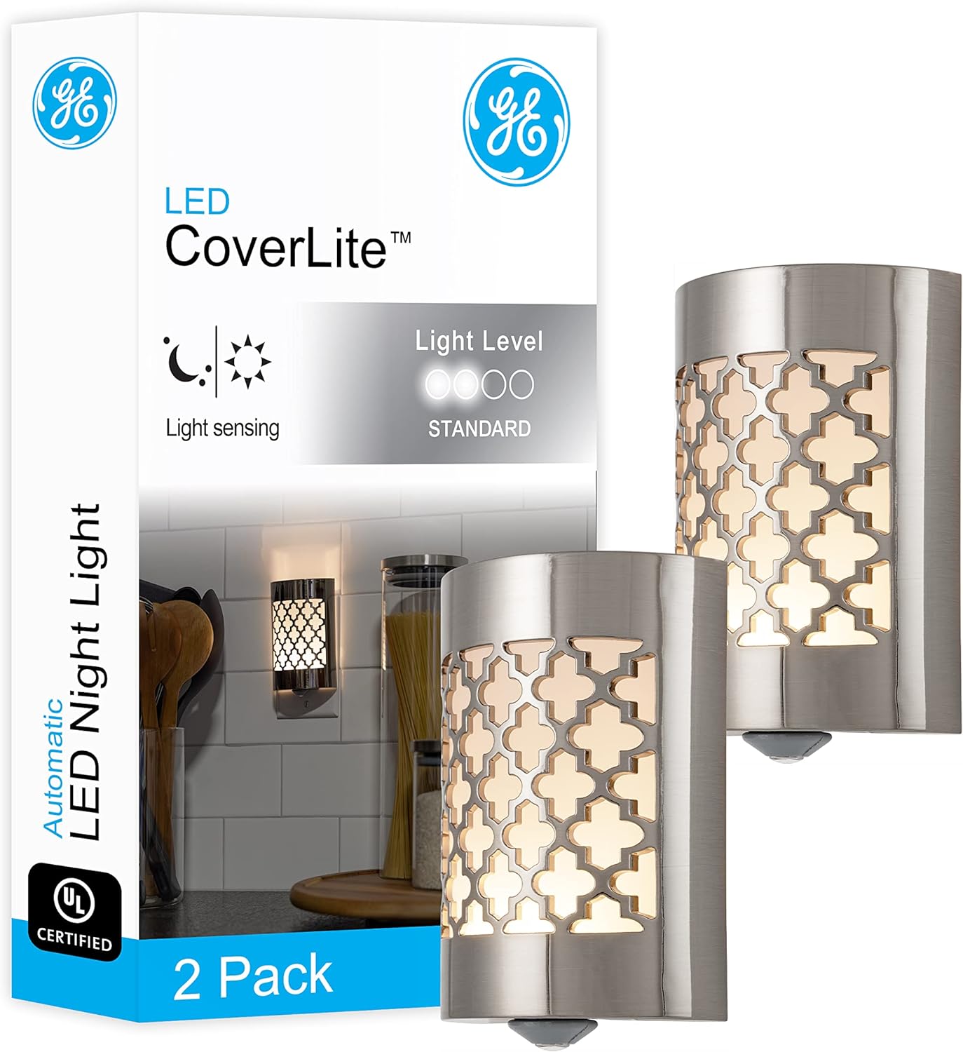 GE CoverLite LED Night Light, Decorative, Plug-In, Smart Dusk-to-Dawn Sensor, Home Dcor, Ideal for Bedroom, Bathroom, Kitchen, Hallway, 2 Pack, 46815, Brushed Nickel | Moroccan