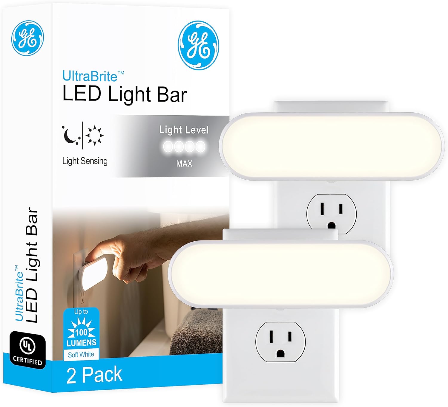 GE Ultrabrite LED Light Bar Night Light, 100 Lumens, 2 Pack, Dusk-to-Dawn Sensor, Auto/On/Off Switch, Plug-in, Ideal for Dark Spaces, Bedroom, Bathroom, Kitchen, Hallway, Garage, White, 46707