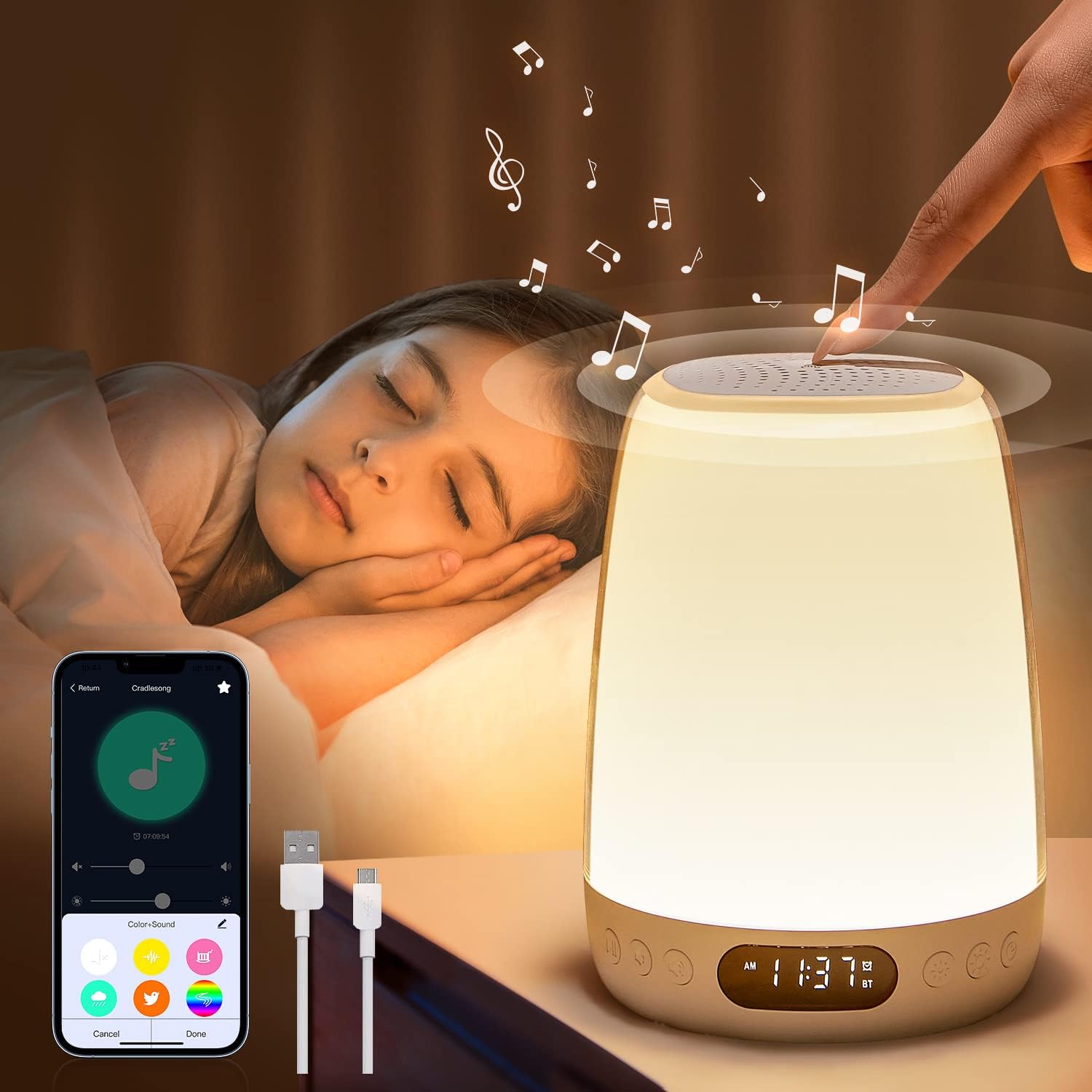 One Fire Baby Night Light for Kids, 48 RGB Colors Dimmable,Rechargeable Small Touch Lamp,Portable Smart Lamp for Bedroom APP Timer Sunrise Alarm Clock Night Lamp