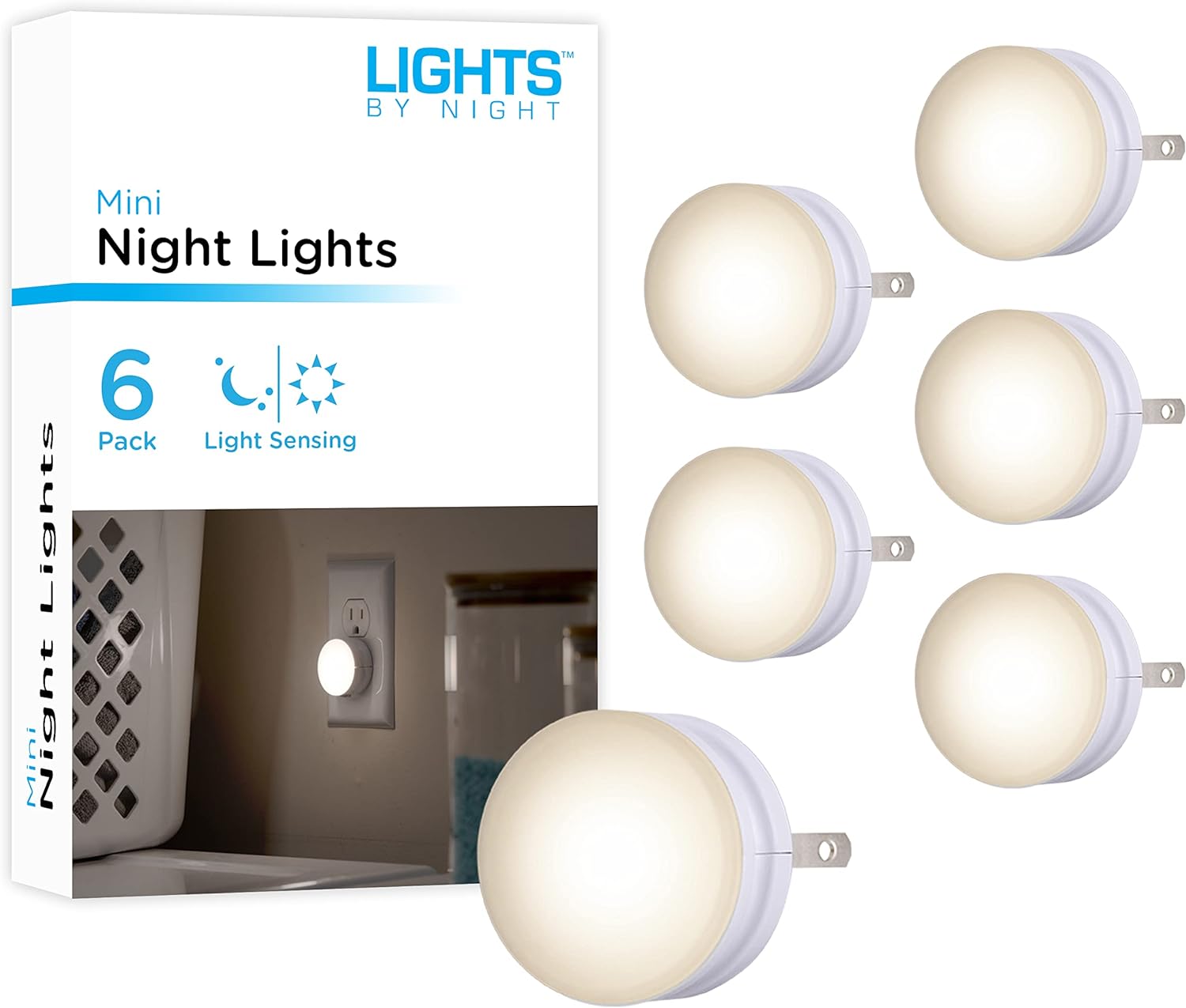 Lights By Night Mini LED Night Light, Plug-In, Dusk to Dawn Sensor, Warm White, Compact, UL-Certified, Ideal for Bedroom, Bathroom, Nursery, Hallway, Kitchen, 45176, 6 Pack