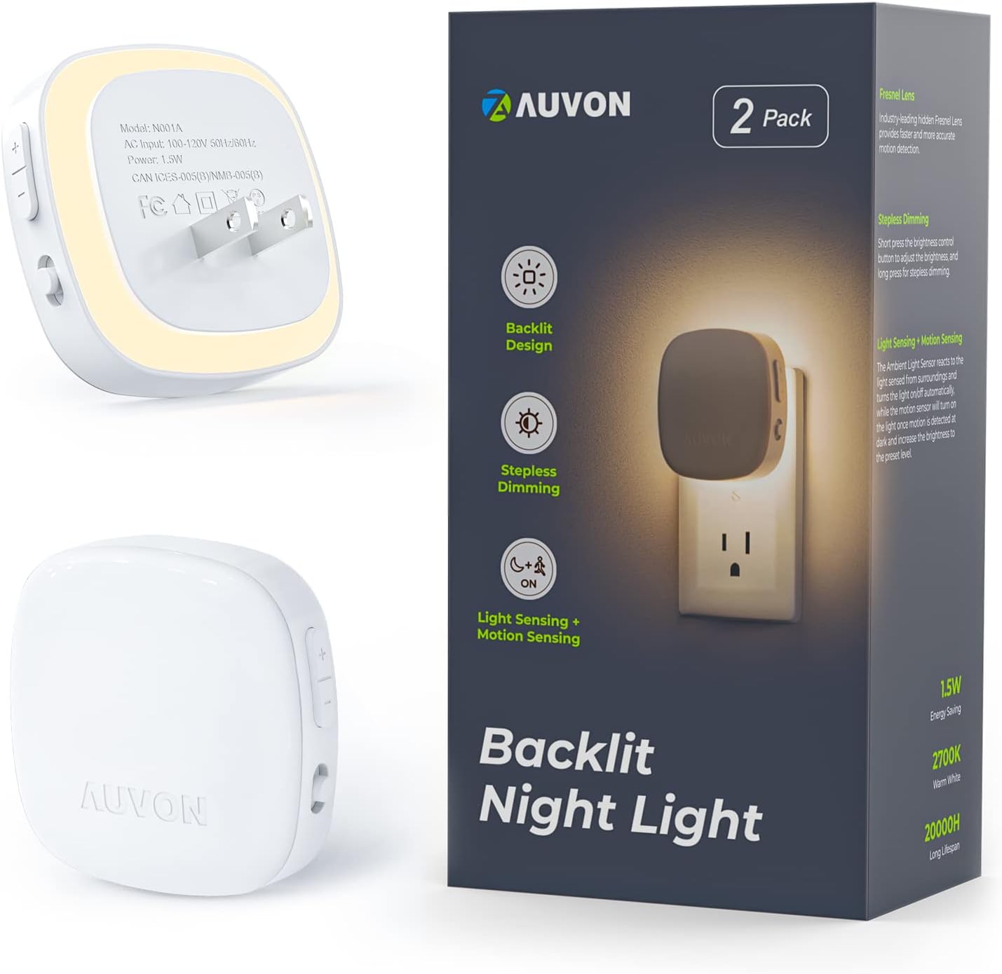 AUVON Plug-in LED Backlit Night Light with Motion Sensor & Dusk to Dawn Sensor, Dimmable Warm White Nightlight with 1-50 lm Adjustable Brightness for Bathroom, Bedroom, Hallway, Stairs (2 Pack)