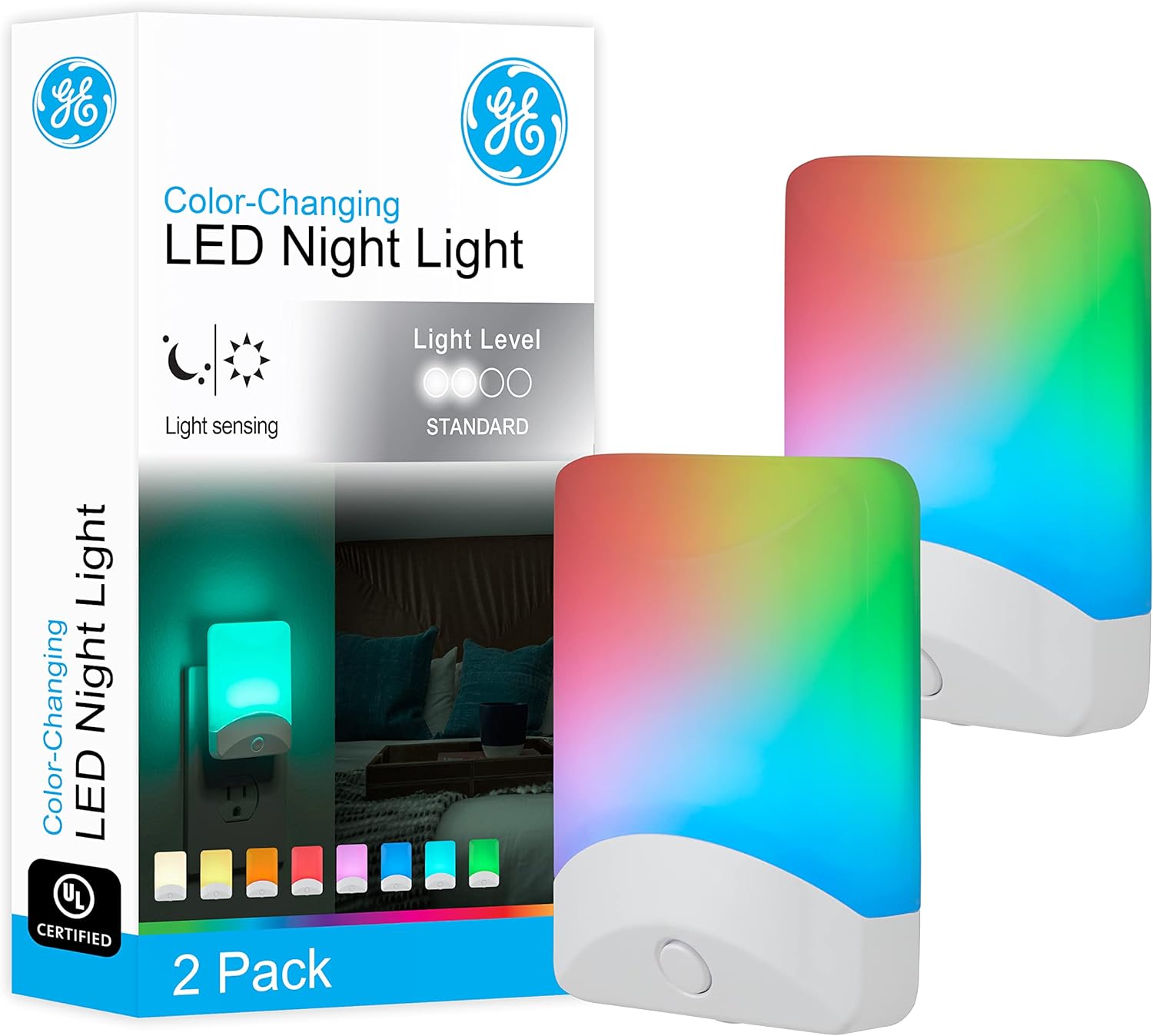 GE Color-Changing LED Night Light, Plug Into Wall, Dusk to Dawn Sensor, 8 Vibrant Colors, Minimalist Design, 2 Pack, White, 46722-P1