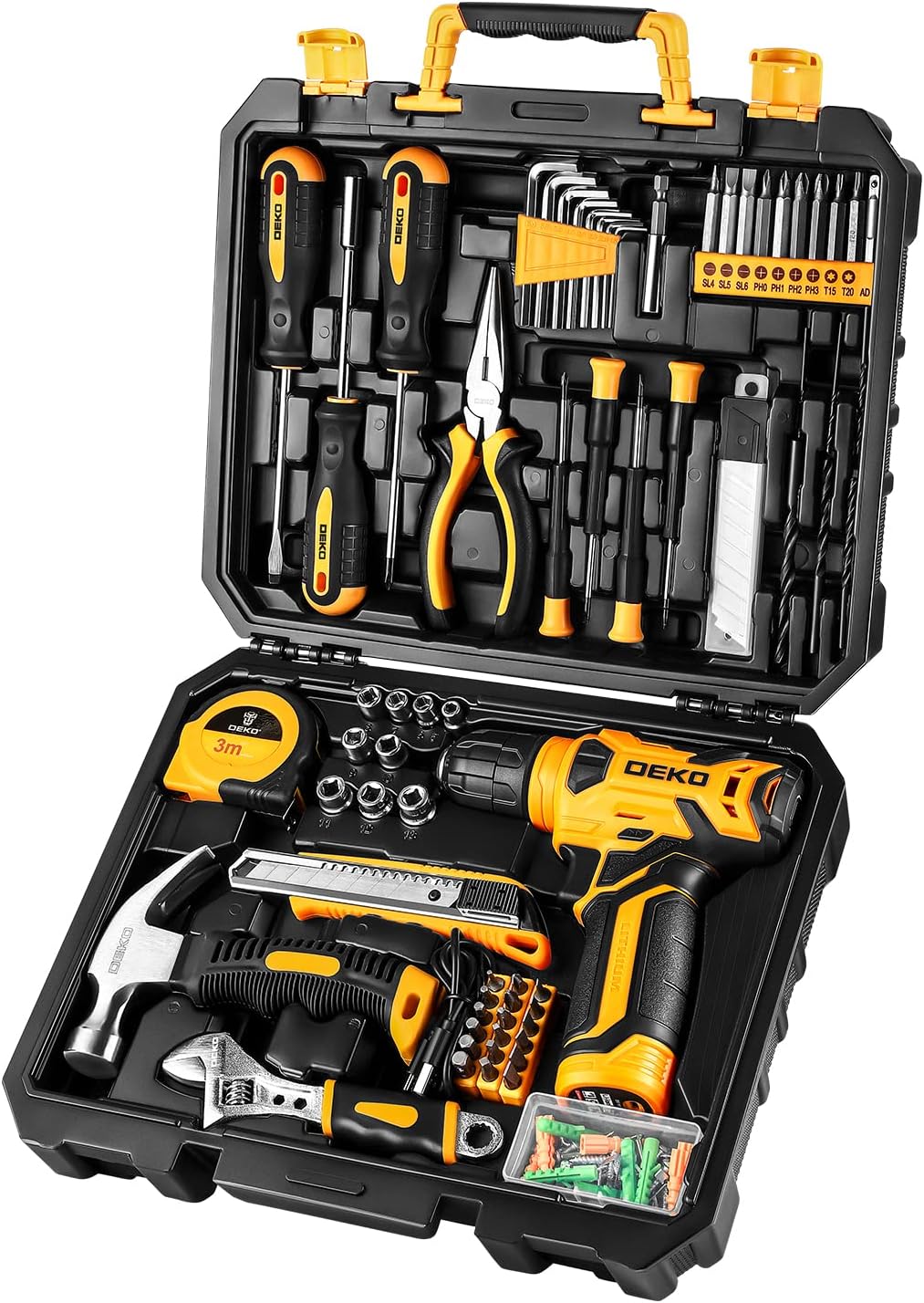 DEKOPRO 126 Piece Power Tool Combo Kits with 8V Cordless Drill, 10MM 3/8'' Keyless Chuck, Professional Household Home DIY Hand Tool Kits for Garden Office House Repair