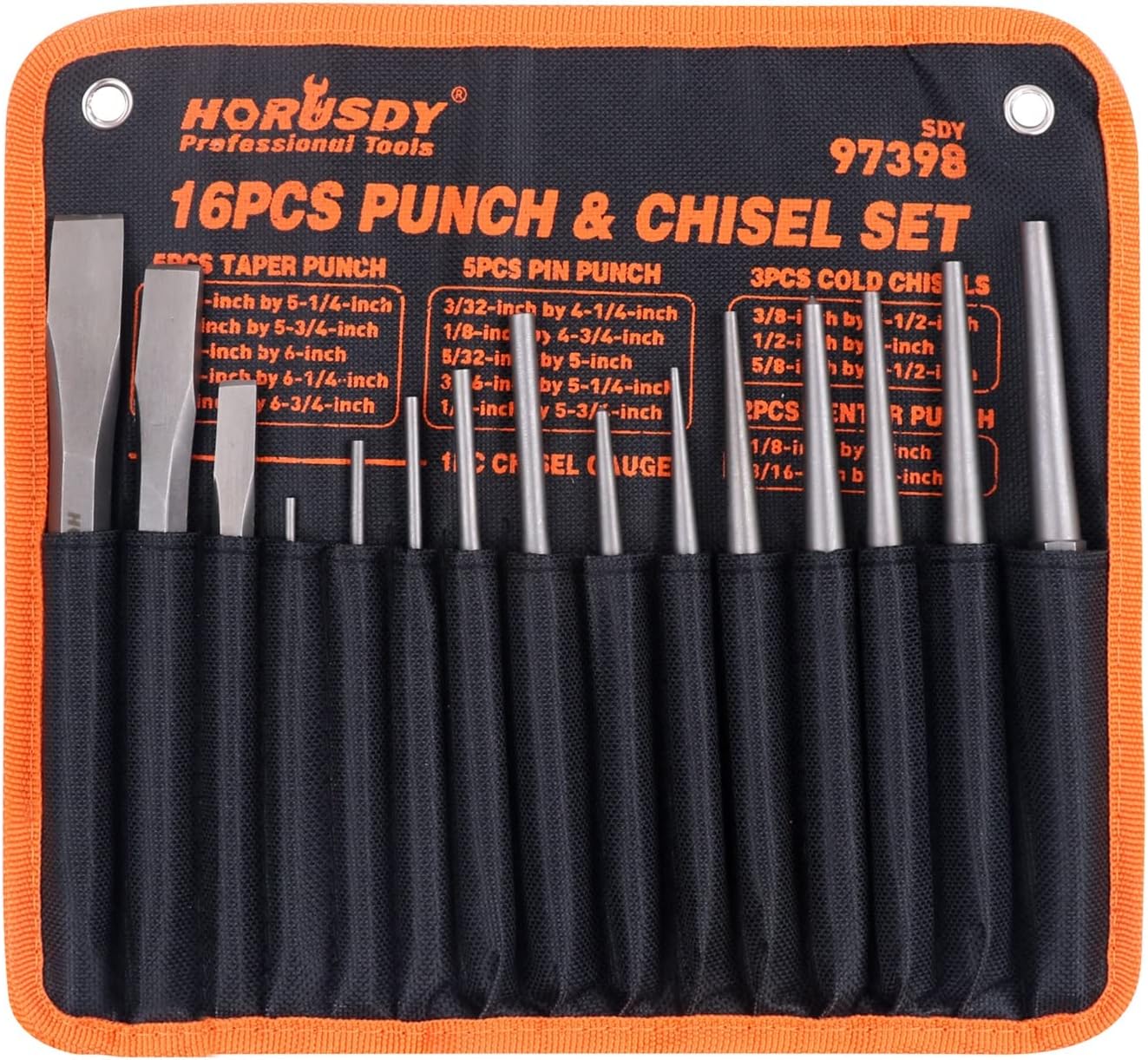 HORUSDY 16-Piece Punch and Chisel Set, Including Taper Punch, Cold Chisels, Pin Punch, Center Punch