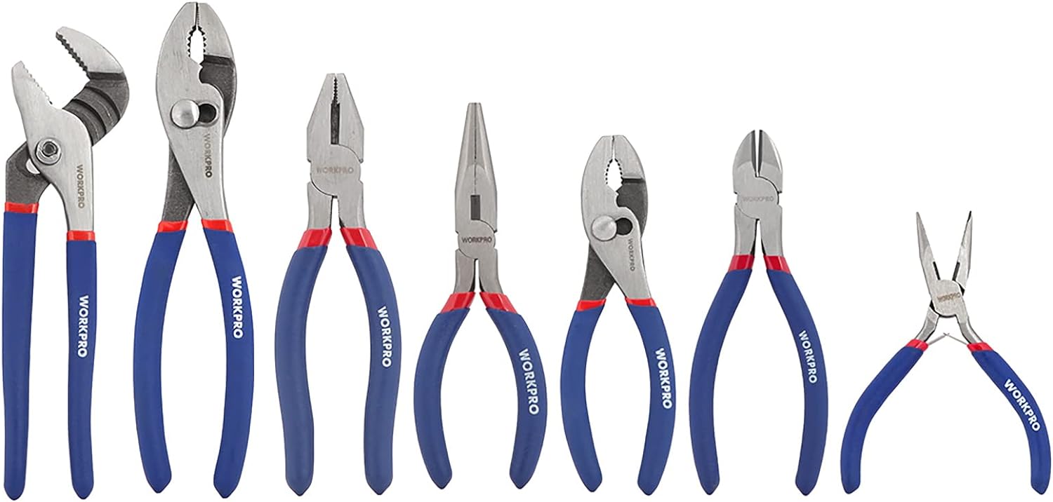 7-piece Workpro Pliers Set with Groove Joint, Long Nose, Slip Joint, Linesman, and Diagonal Pliers for DIY & Home Use