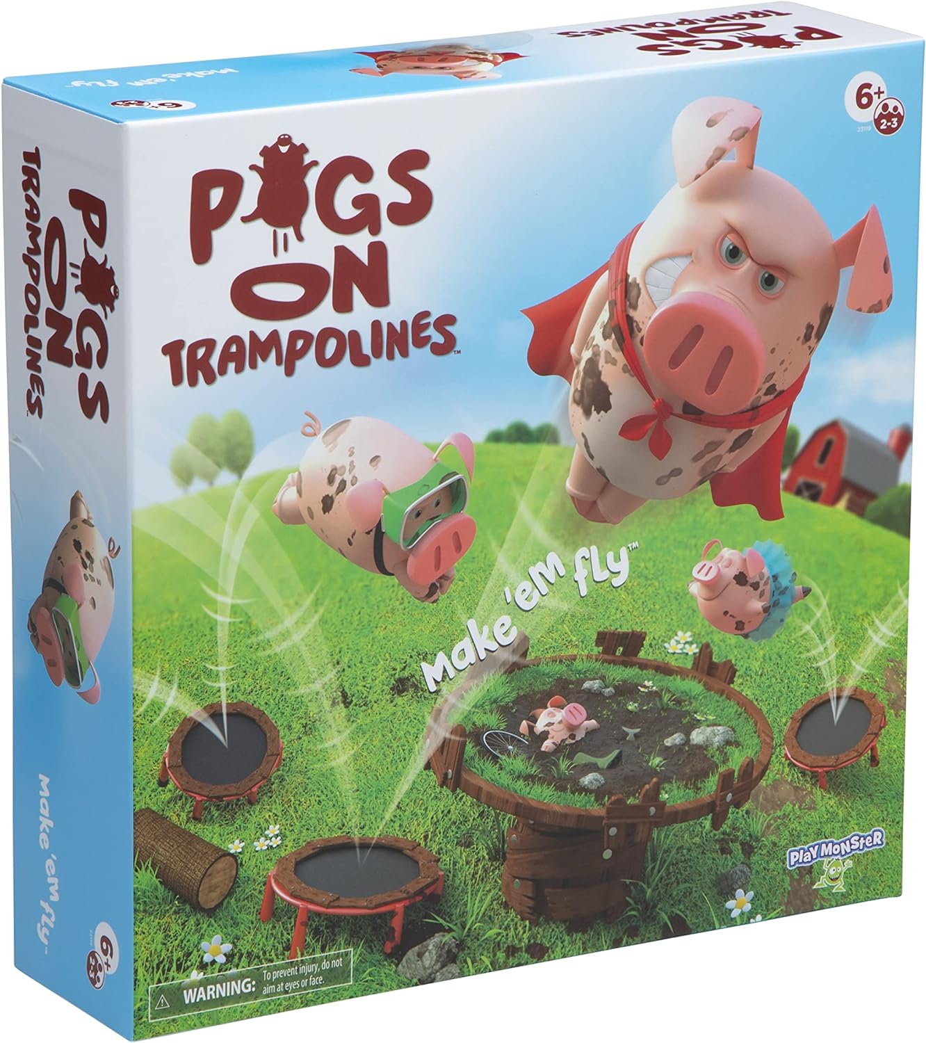 Pigs on Trampolines - Family Game - Skill & Action - Bounce Pigs into Mud - 2 to 3 Players - for Ages 6+