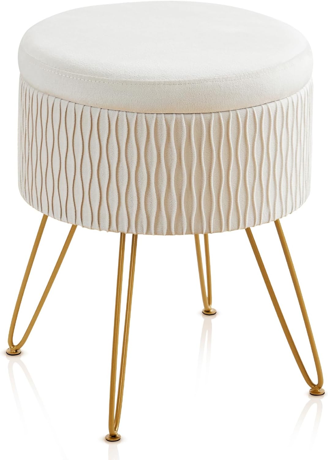 Furniliving Round Makeup Ottoman Stool Velvet Vanity Chair for Bedroom Modern Footstool Footrest Small Vanity Ottoman with Storage Side Table Coffee Table Pouf Couch Stool with Metal Legs, Beige