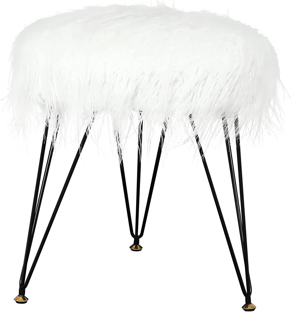 16.1 White Faux Fur Ottoman Furry Round Foot Vanity Rest Stool (White-Metal Legs)