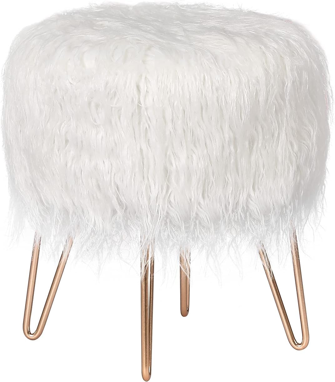 Asense Faux Fur Footrest Soft Furry Upholstered Footstools Ottoman with Gold Metal Legs Decorative Furniture, White