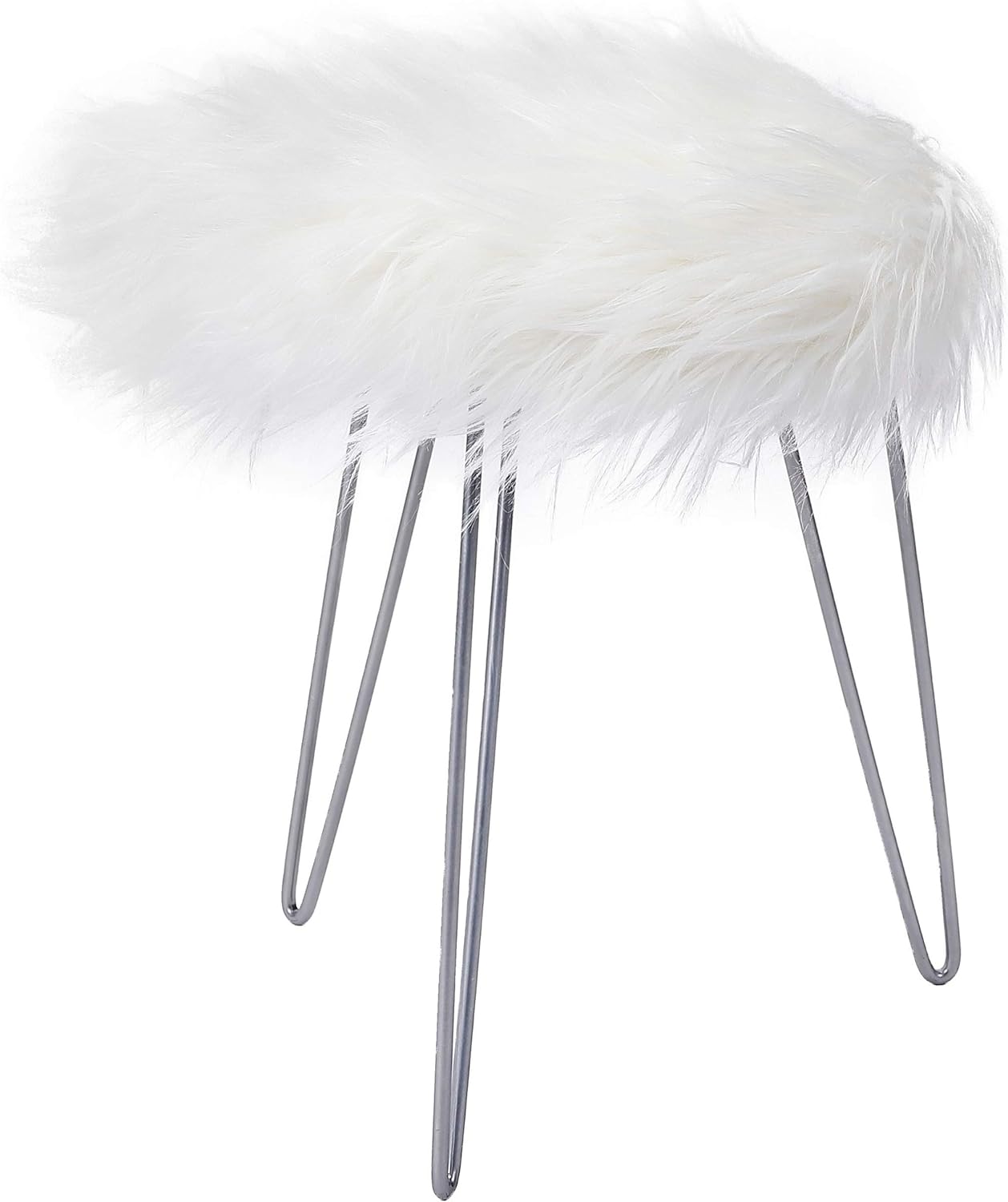 BIRDROCK HOME Round Faux Fur Foot Stool Ottoman - White with Silver Legs - Soft Compact Padded Vanity Seat - Bedroom Kids Room Chair - Hair Pin Metal Legs - Fluffy Makeup Seat