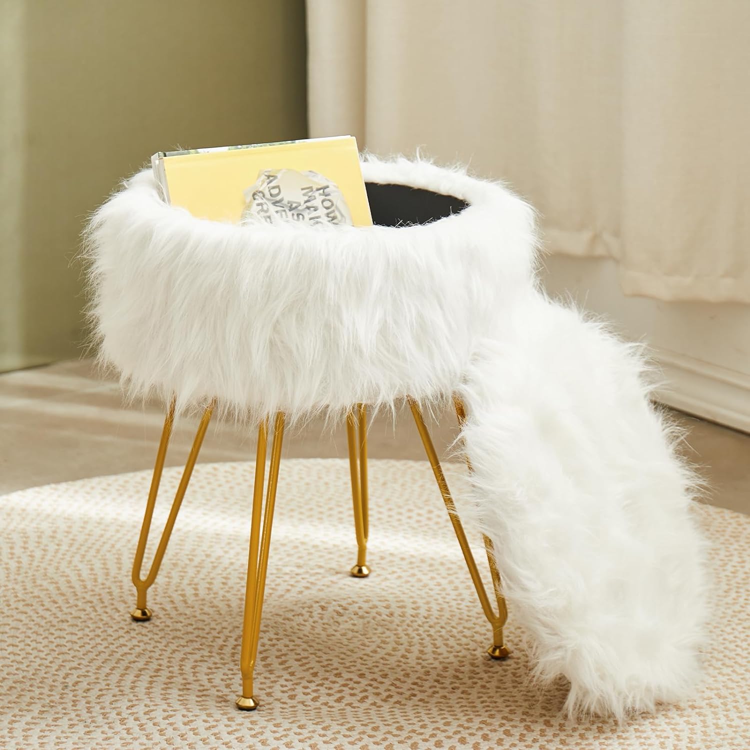 Alessing White Vanity Stool Chair with Storage, Faux Fur Storage Ottoman Furry Makeup Stool, Fuzzy Footrest Footstools with 4 Metal Legs & Wood Grain Pallet for Living Room Bedroom Entryway