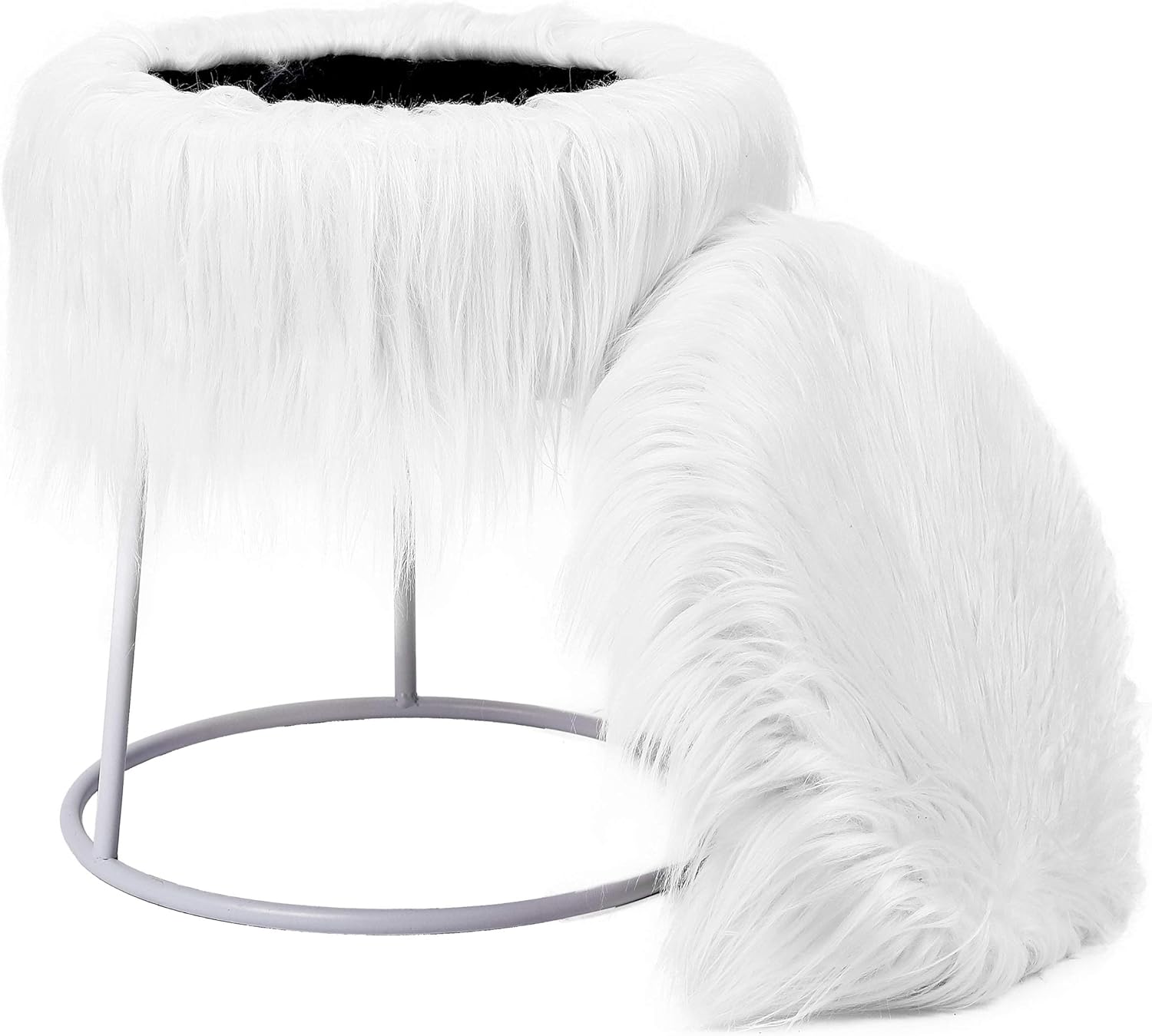 BIRDROCK HOME Round White Faux Fur Foot Stool Storage Ottoman with Silver Legs - Vanity Chair - Soft Compact Padded Seat - Bedroom and Kids Room Chair - Metal - Fluffy Makeup Seat